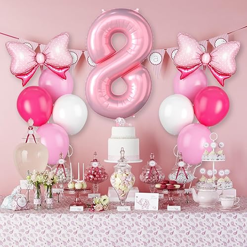 Miniatura 4 de Globo rosa perlado del número 8, globos de 8 cumpleaños de 40 pulgadas, 11 globos de látex rosa macarrón y blanco, globos de lazo rosa intenso,