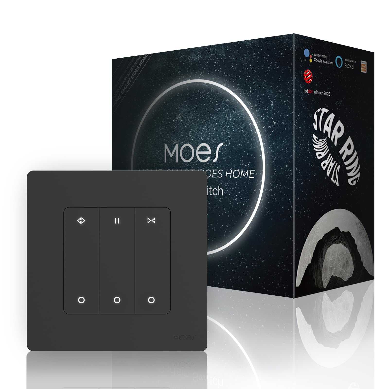 MOES Star Ring Interruptor de Persiana ZigBee&RF433 Inteligente, Control por Voz con Alexa/Google Assistant, Configuración de porcentajes, Calibración automática， requiere MOES Zigbee HUB, Gris níquel