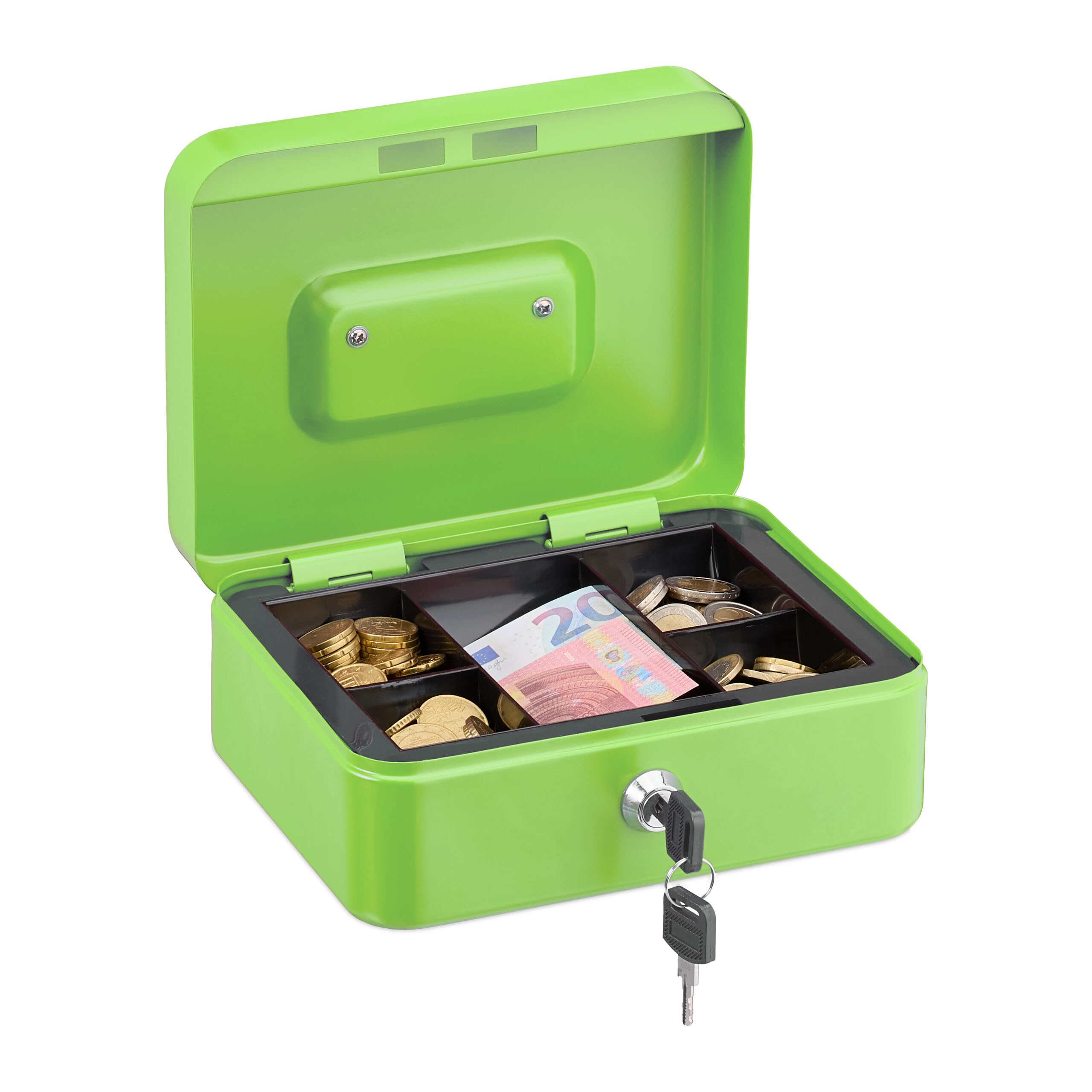 Relaxdays Cash box lockable, removable insert, 5 compartments, iron money box, HxWxD: 8.5 x 20 x 17 cm, green
