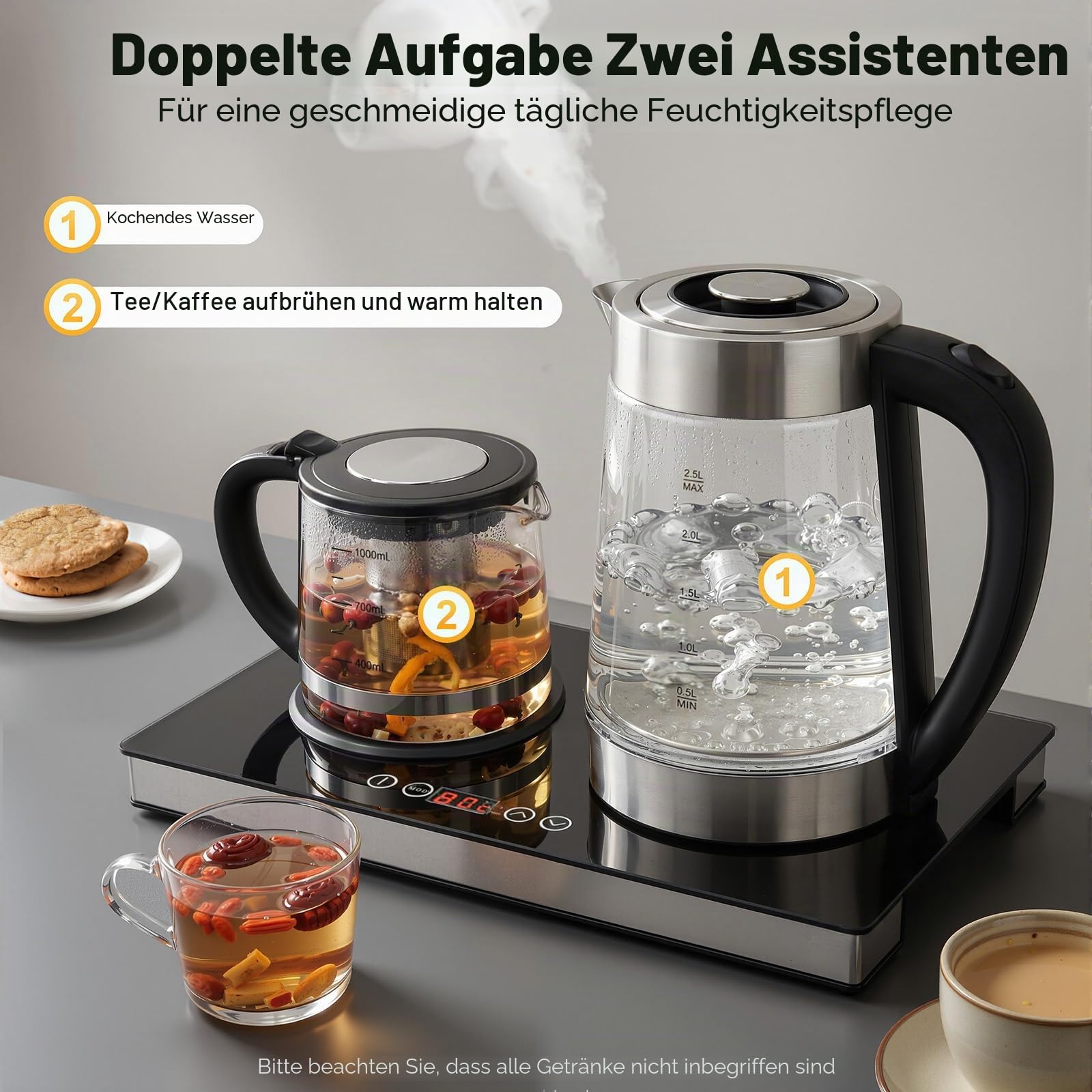 2.5L Wasserkocher Glas & 1L Teekocher Elektrisch mit Temperatureinstellung und Teesieb, 1800W / LCD-Anzeige zeigt Temperatur/Warmhaltefunktion/Abschaltautomatik