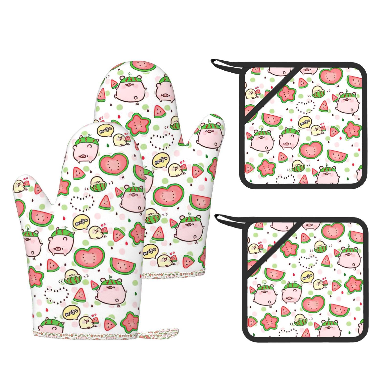 Cute Pigs Pattern Printed Pot Holders and Oven Mitts 4-Piece, Non-Slip Kitchen Gloves with Utensil Pocket for BBQ