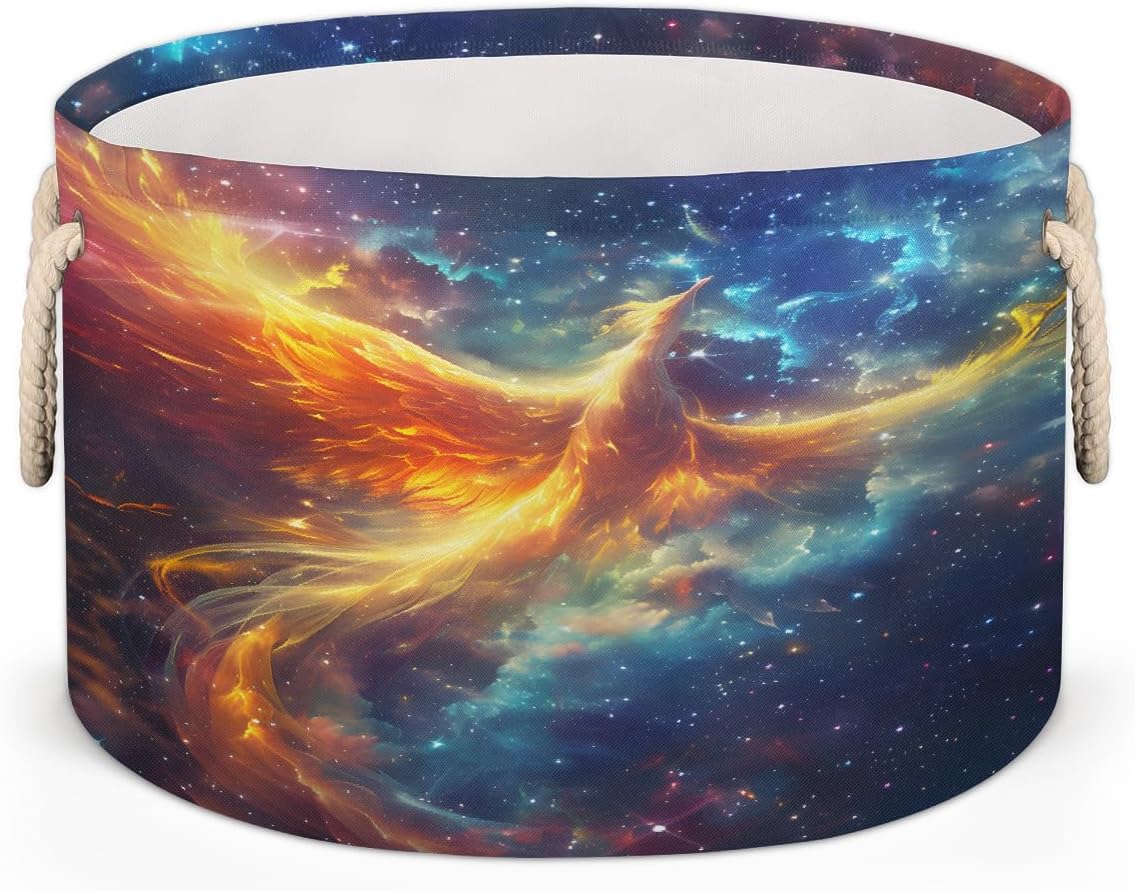 Large Round Laundry Basket Galaxy Animal Fire Toy Bins Organizers and Storage for Girls Canvas Collapsible Blanket Storage Basket Laundry Hamper Gift Baskets Bedroom Clothes Children Nursery