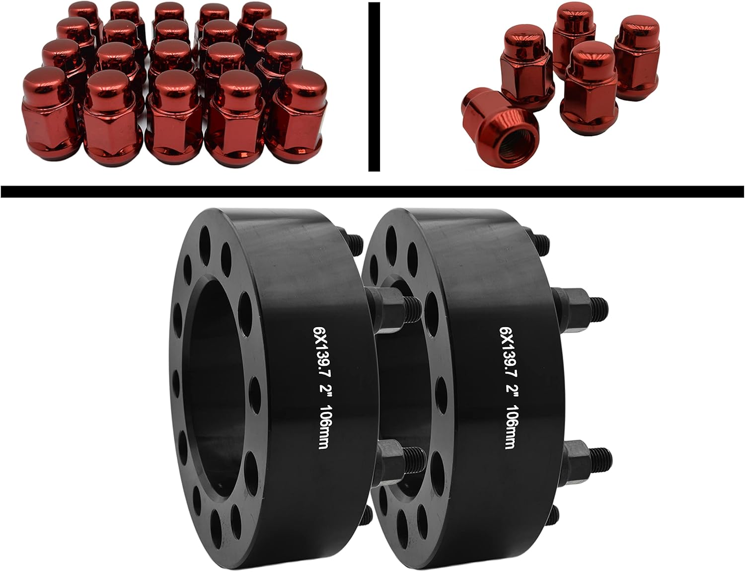 2pc Hubcentric Black 2" Wheel Adapter | 2001-2018 Tacoma 4Runner Fj Cruiser | Includes 24 Red Bulge Acorn Lug Nuts