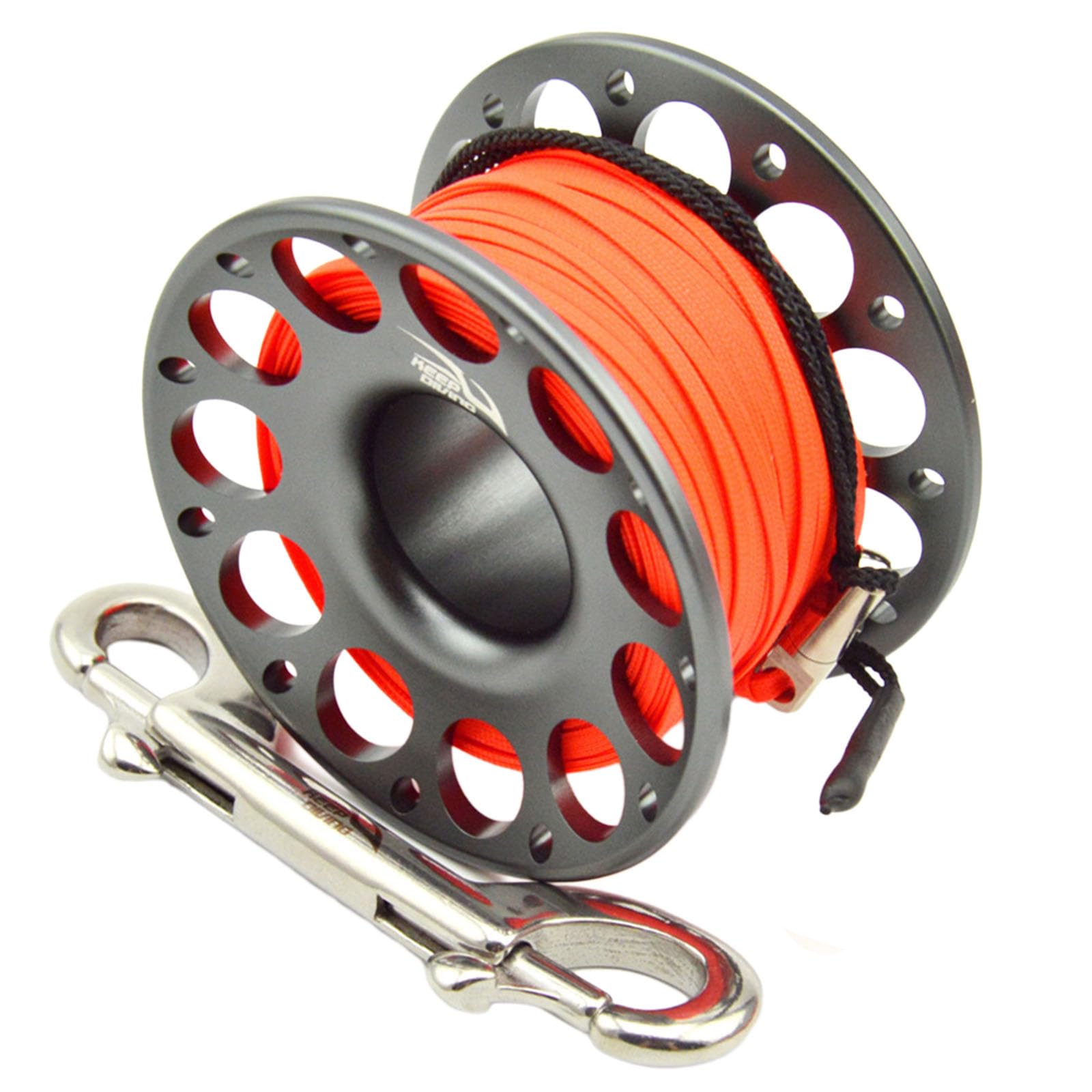 Bobine de doigt de 30 m en alliage d'aluminium avec double crochet - Engrenage de plongée en acier inoxydable pour fournitures de plongée sous-marine