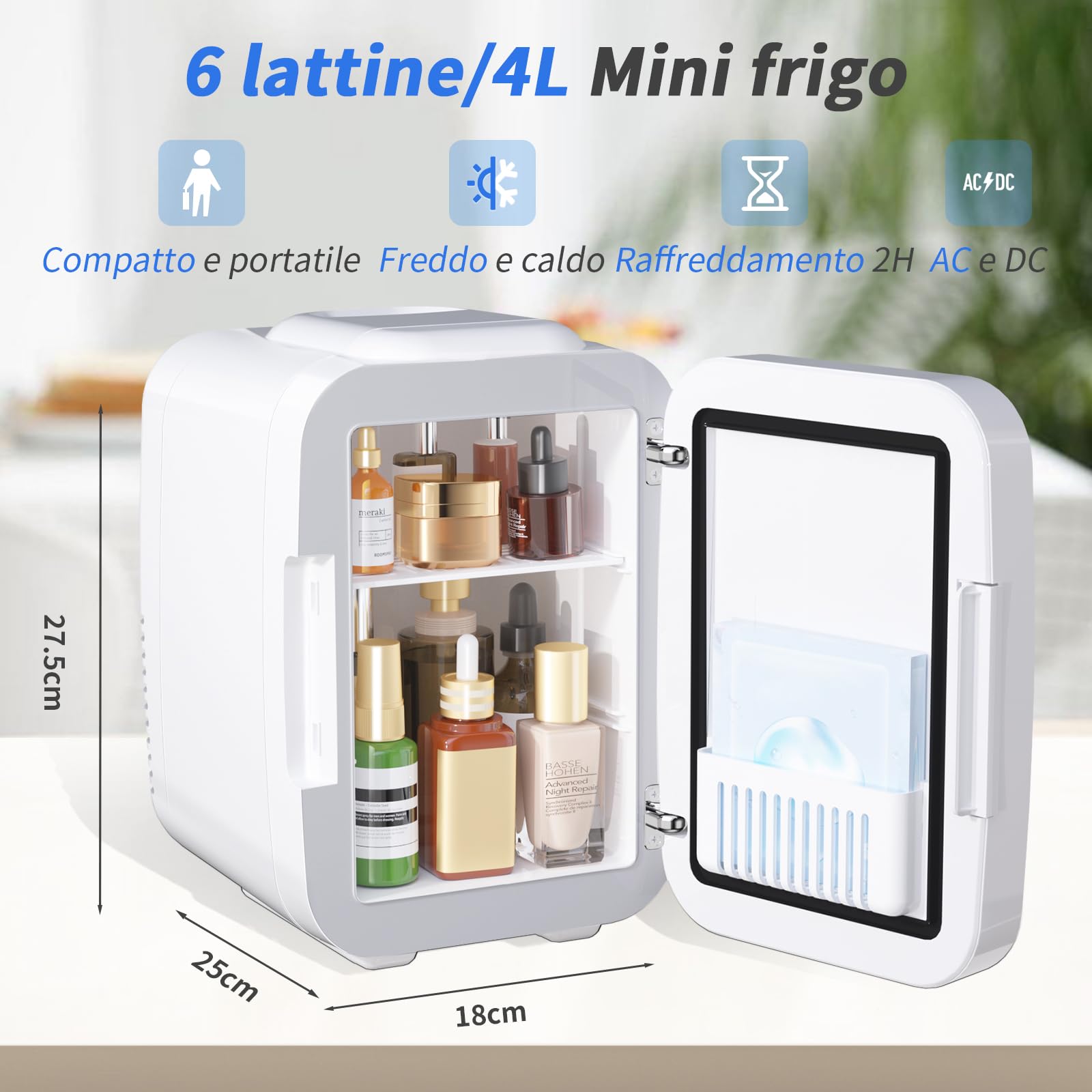 YASHE Mini Frigo per Camera, Frigo Skincare con Specchio LED, Piccolo Frigo da 4 L portatile, Termoelettrico, Riscaldatore e Raffreddatore 220V AC / 12V DC per Auto, Ufficio, Dormitorio (bianco)
