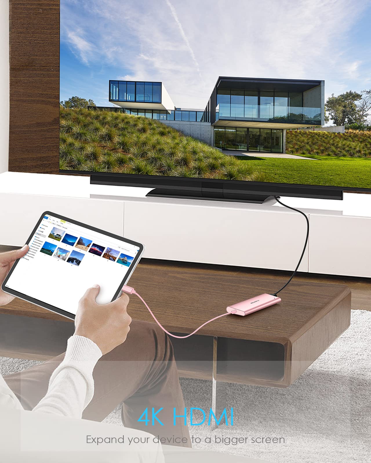 LENTION Długi kabel USB C Hub z 4K HDMI, 2 USB 3.0, czytnik kart, Aux, typ C / adapter ładowania 100 W do MacBooka Pro 2023-2016, nowego Mac Air/Surface, ChromeBook, więcej (CB-C37, różowe złoto)