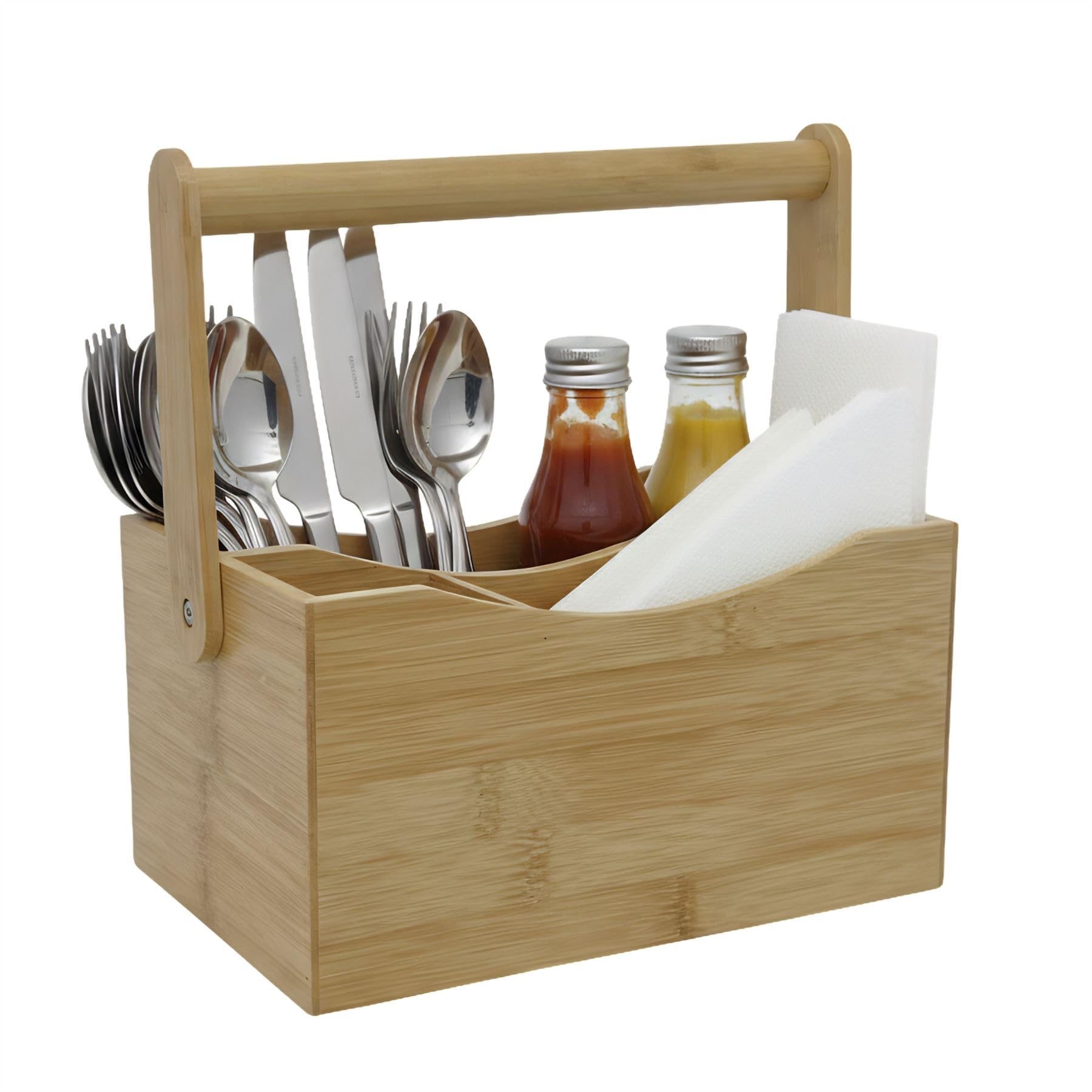 Carousel Home Wooden Cutlery Holder, Table Storage Caddy with 4 Compartments for Sauces Cutlery Napkins, Countertop Organiser for Kitchen, BBQs, Bars