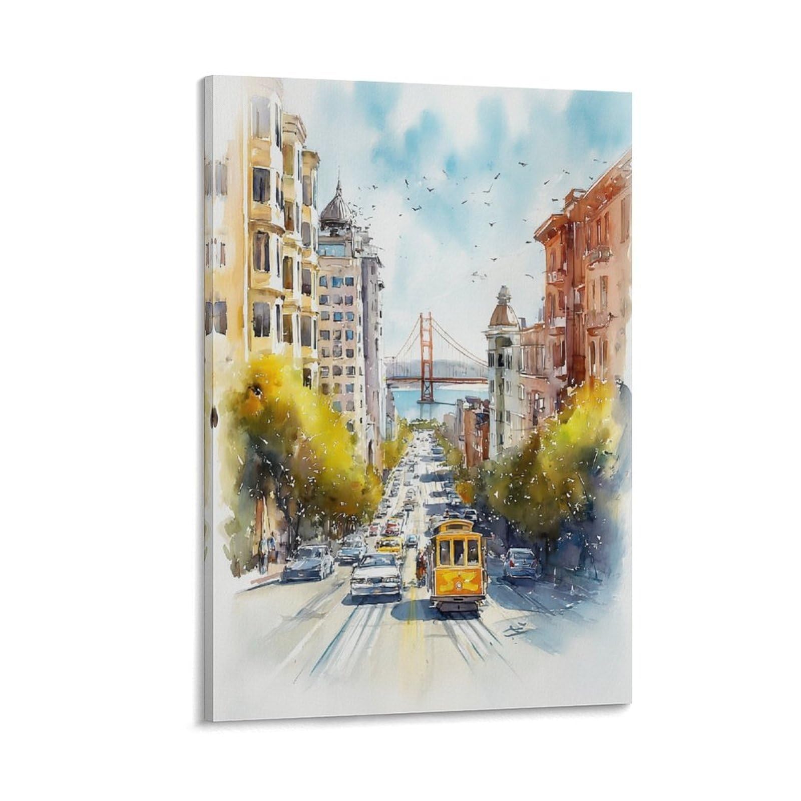 LCYNNH San Francisco Watercolor Print 24x36inch(60x90cm) Vintage Travel Poster Watercolor Canvas Art