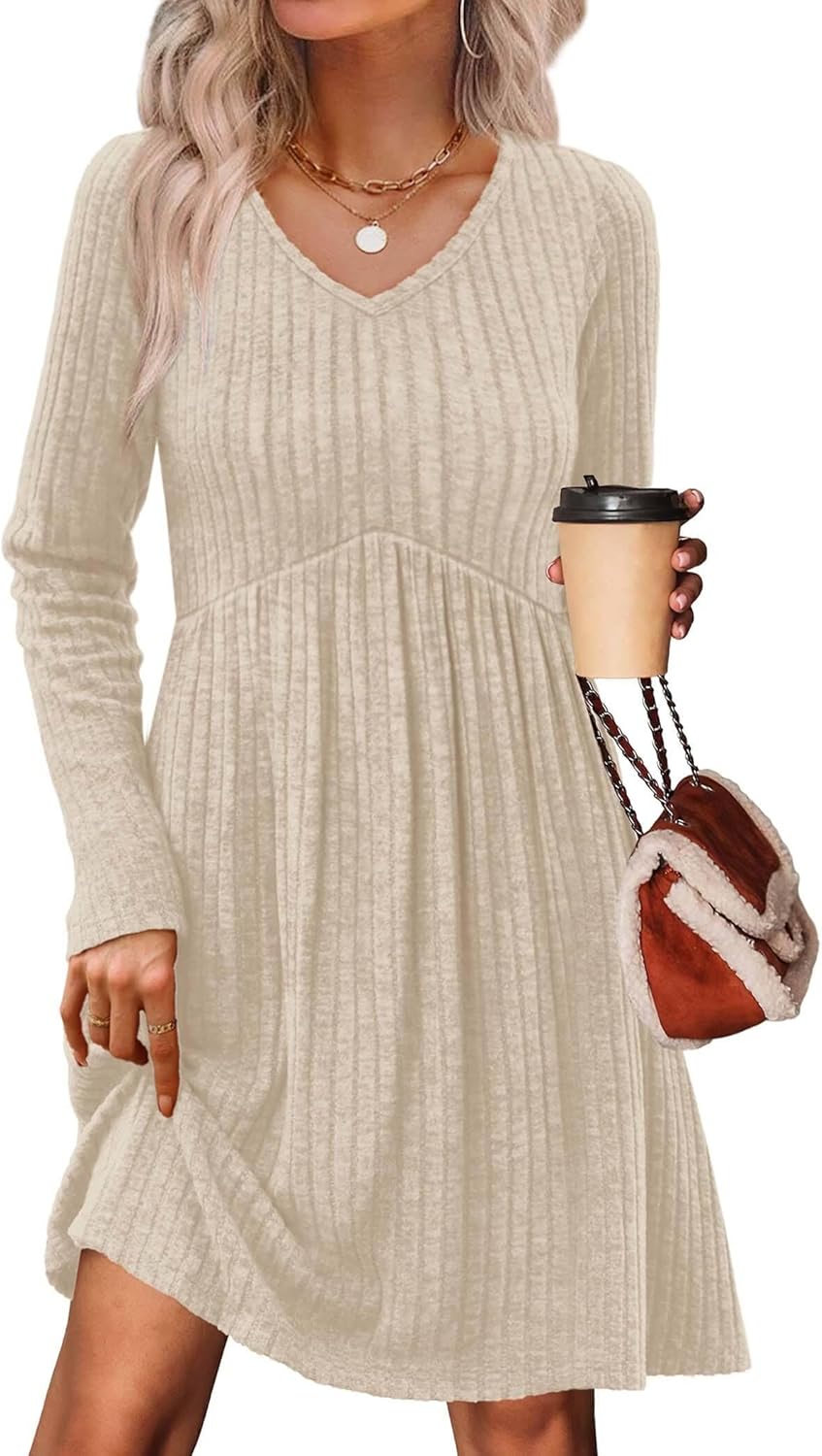OFEEFAN Long Sleeve Sweater Dress Fall Dresses 2025 V Neck Empire Waist Baby Doll Dresses Women Casual Dress with Pockets