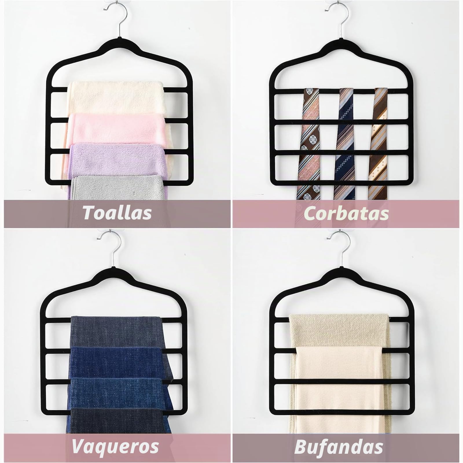 Juego de 3 perchas de terciopelo para pantalones de 4 capas, ahorra espacio, antideslizantes, para vaqueros, pantalones, leggings, corbatas, bufandas y toallas, varias capas