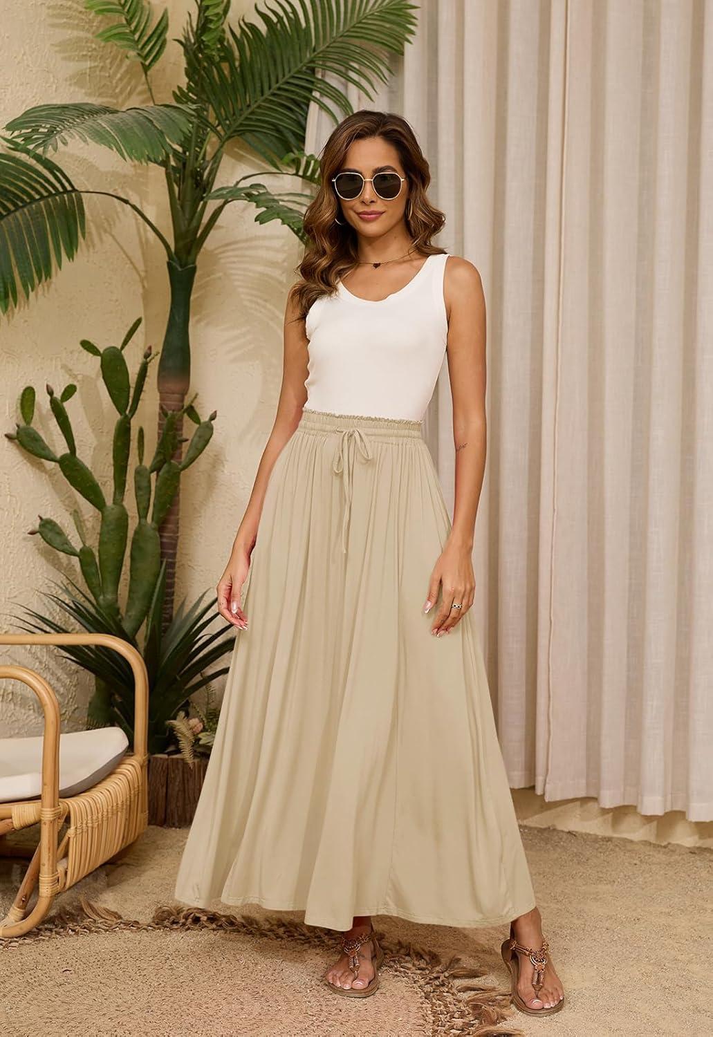 Women’s Maxi High Elastic Waisted Skirt Flowy A-Line Split Hem Beach Long Skirts for Women with Pockets - Image 4