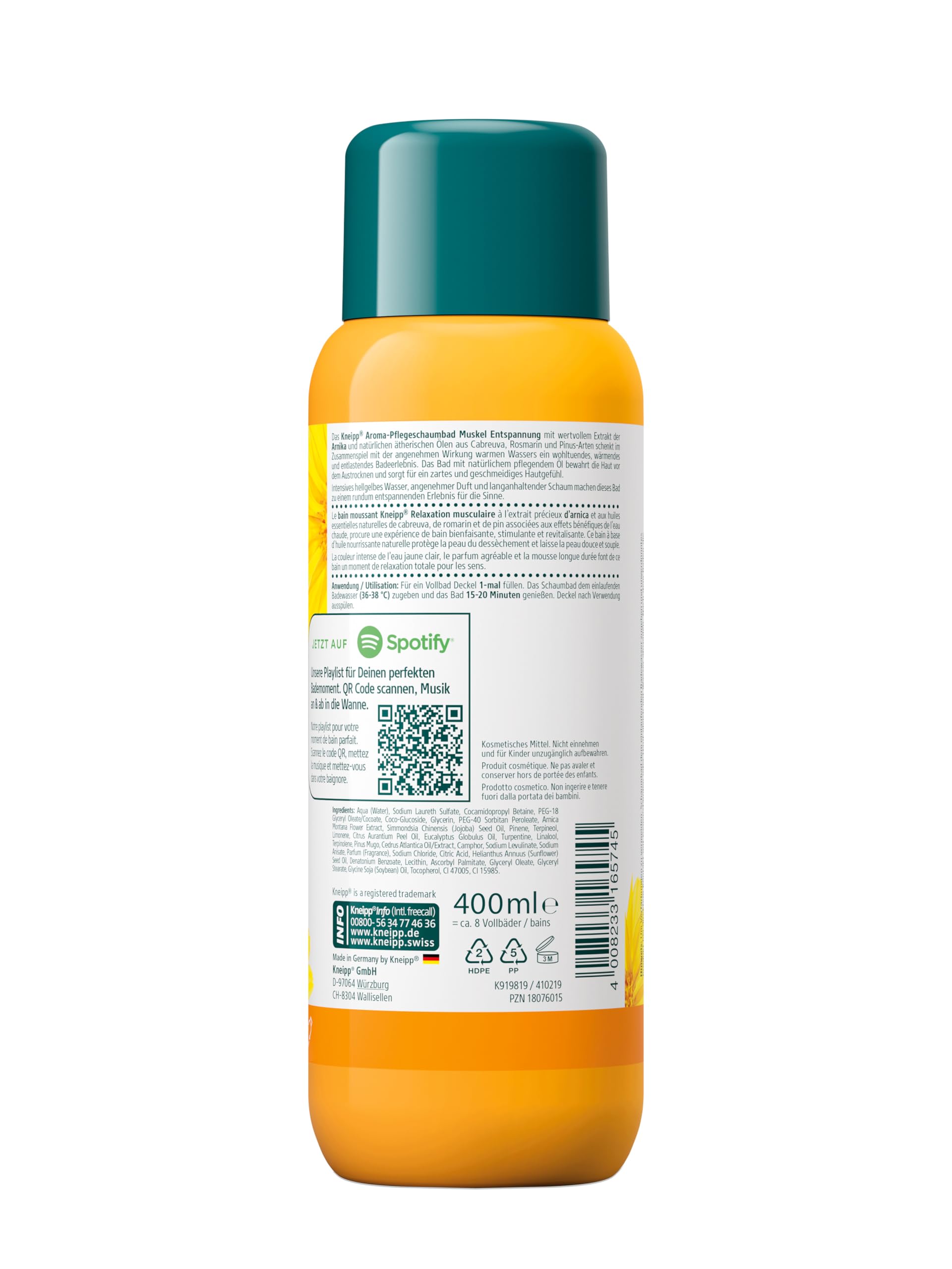 Kneipp Aroma de baño de espuma de cuidado muscular relajación-Accesorio de baño con valioso extracto de árnica y aceites esenciales naturales de Cabreuva, Romero y Pinus, experiencia de baño – 400 ml