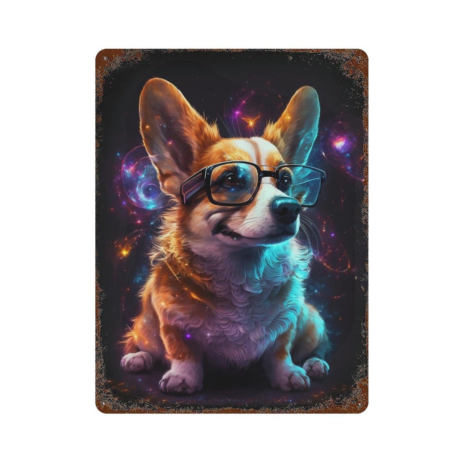 Galactic Corgi Glasses Vintage Wall Sign 15.7"x11.8", Rust Effect Metal Decor for Shed, Workshop And Garage Wall Decor
