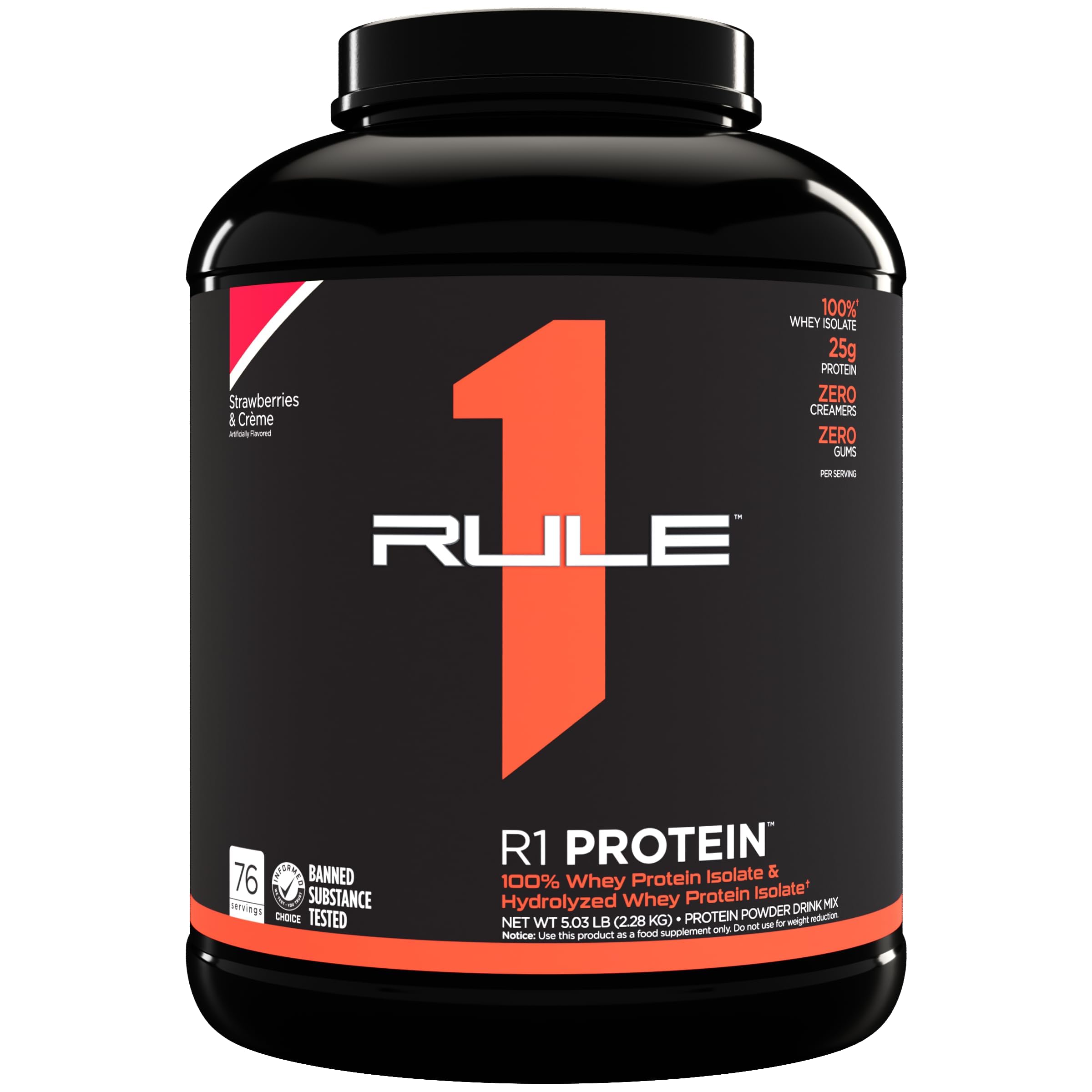 Rule1 1 Whey Protein Powder, Strawberries & Cream 100% Whey Protein Isolate & Whey Protein Hydrolysate Formula, 76 Servings 4.85 Lbs (2.1 kg)