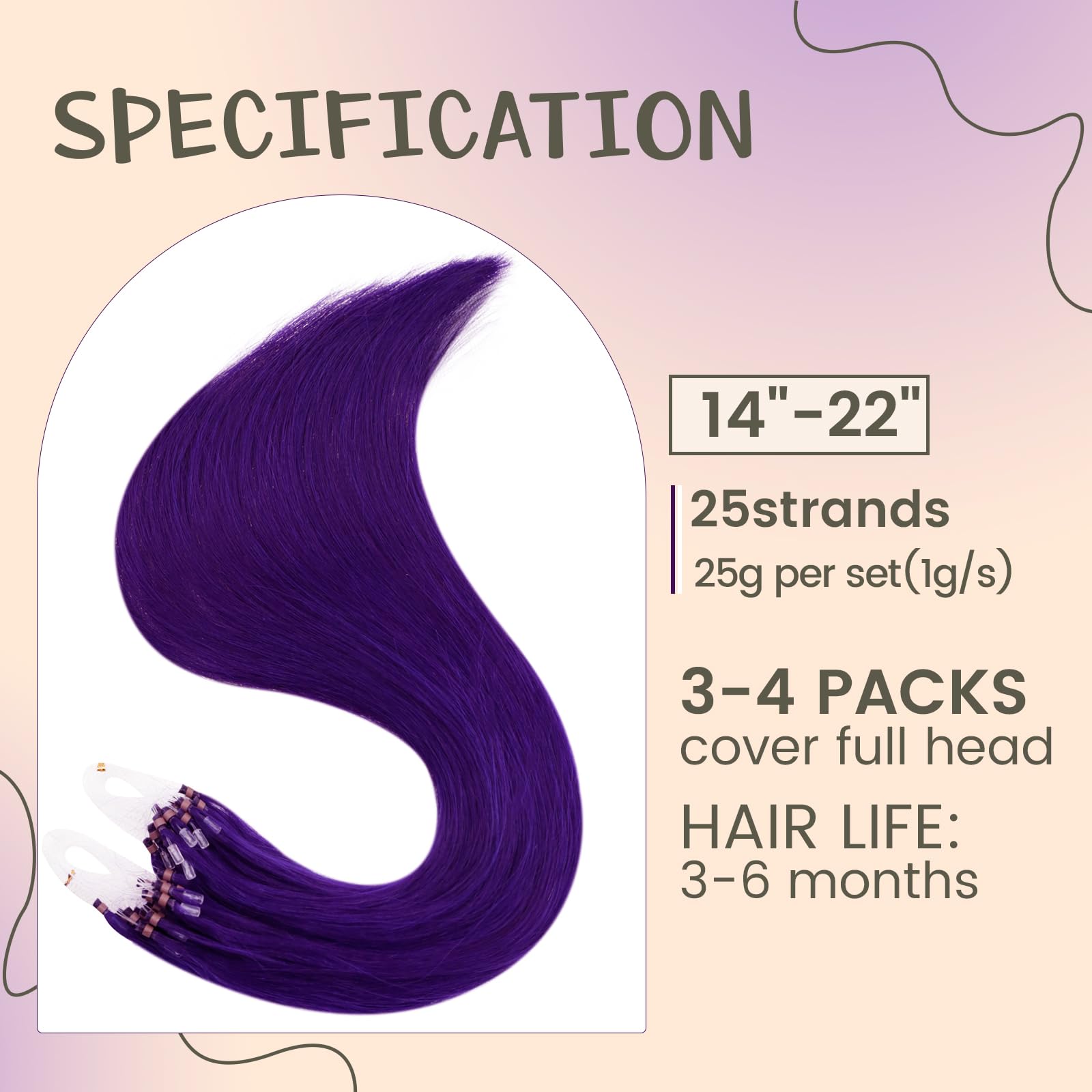 RUNATURE Micro Beads Hair Extensions Purple Micro Ring Hair Extensions Real Human Hair Purple Micro loop Hair Extensions 22 Inch 25gram - Image 3