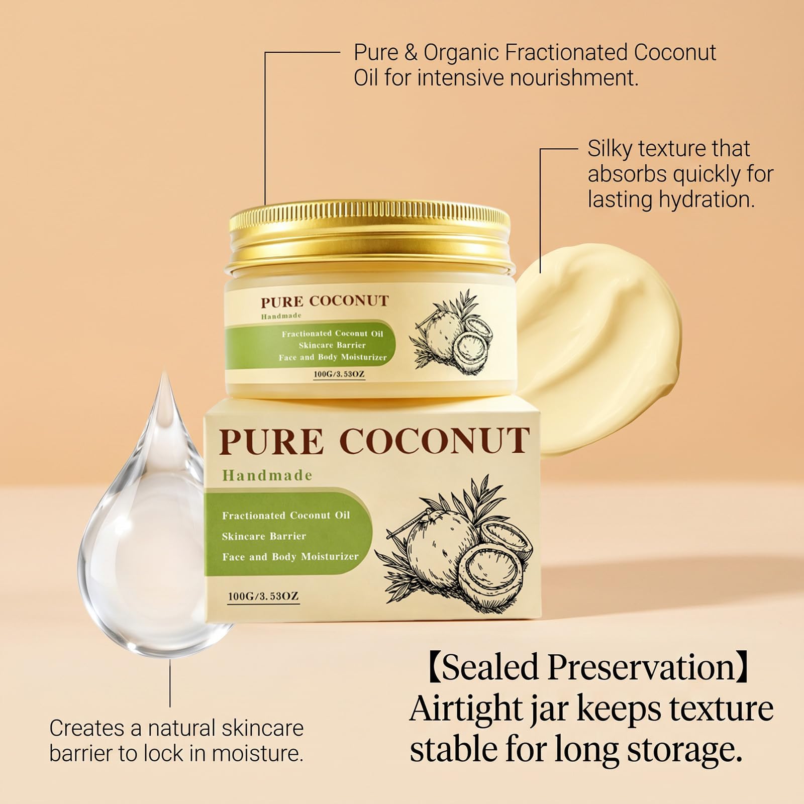 Crème à l'huile de noix de coco fractionnée pure, hydratant fait à la main pour le visage et le corps, soin de la barrière cutanée pour les peaux sèches, crème de noix de coco nourrissante (9PCS)