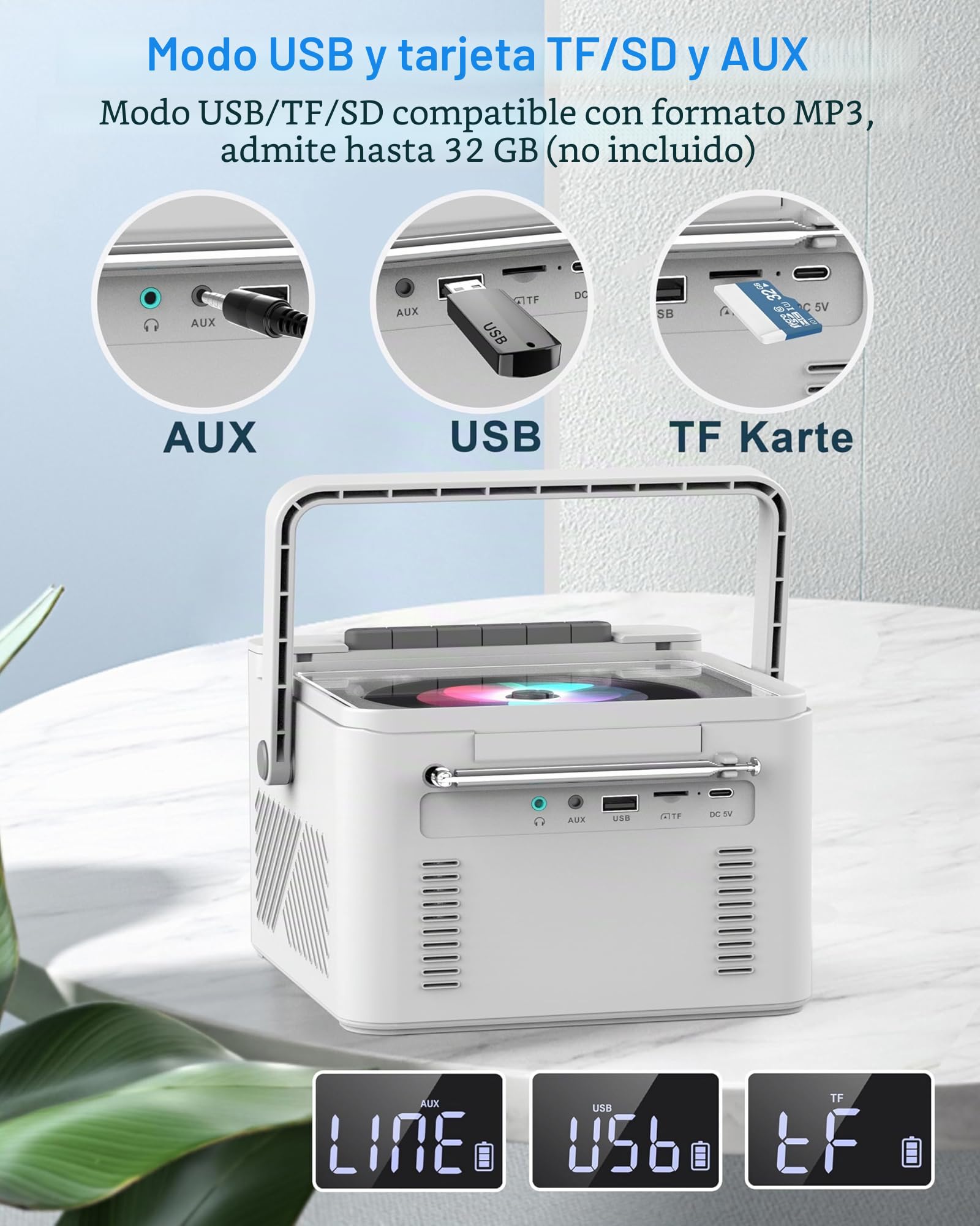 Greadio Boombox - Reproductor de CD portátil, reproductor de casete con radio FM, Bluetooth 5.1, batería recargable de 5000 mAh, control remoto, entrada de tarjeta AUX/USB/SD, altavoz de 5 W, pantalla