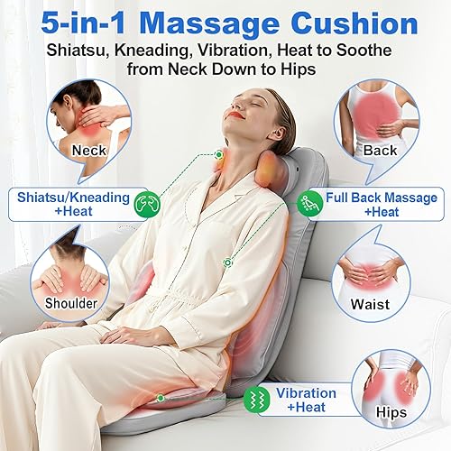Miniatura 2 de Cojín de masaje Shiatsu para cuello y espalda con calor - Amasamiento 4D y vibración para alivio muscular, diseño de doble cuello, intensidad y Gris