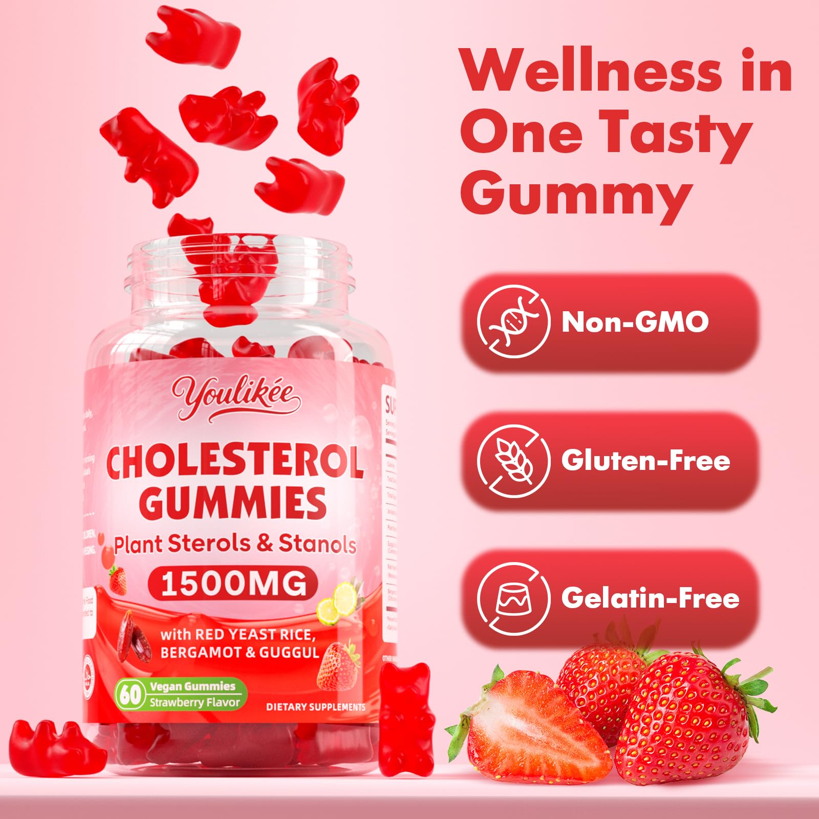 Cholesterol Supplements Gummies with Plant Sterols & Stanols, Guggul, Bergamot Orange, Red Yeast Rice, Sugar Free, Strawberry Flavor, 60 Count — Amazon image 3