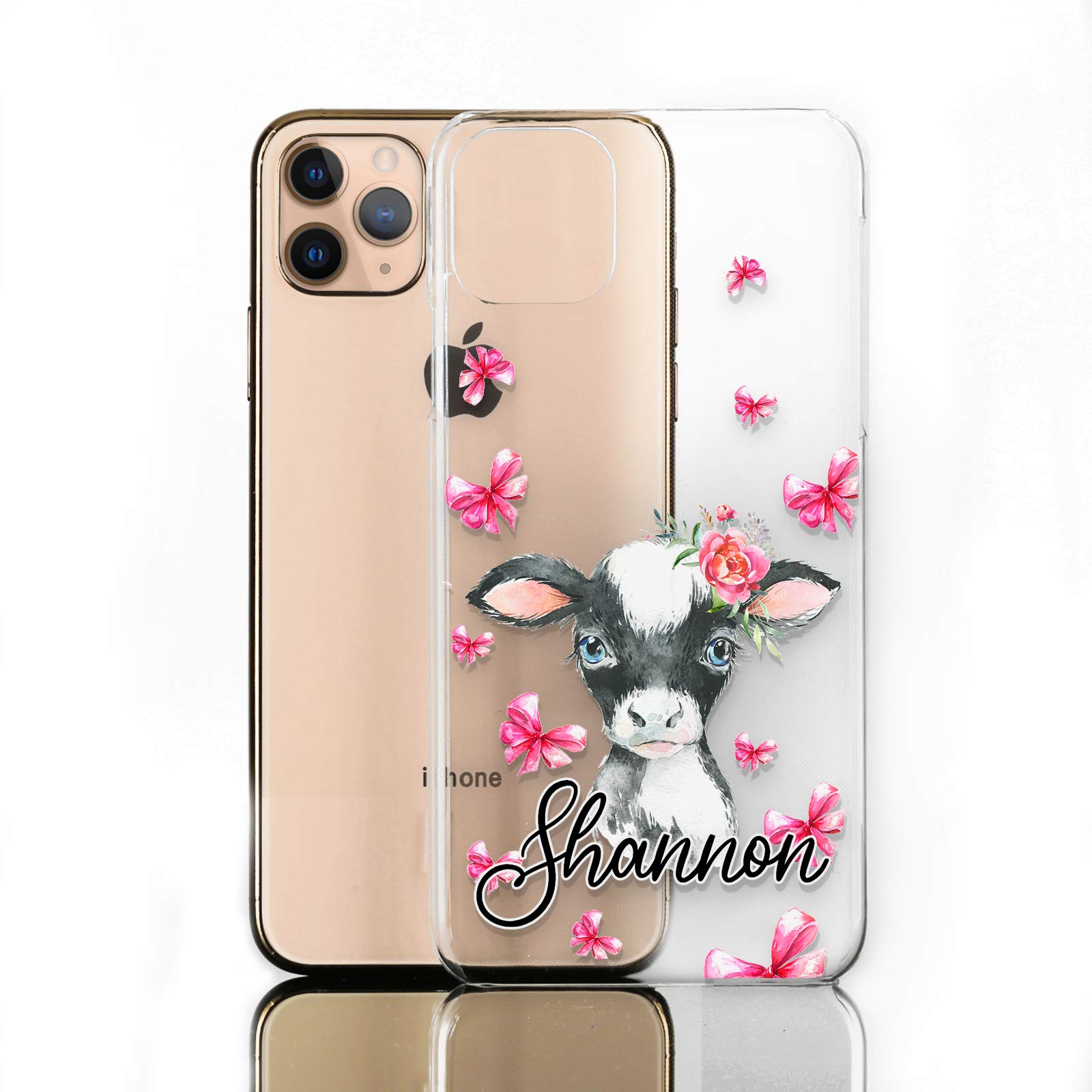 Personalised Case For Apple iPod touch (6th Gen), Initial/Name/Text, Pink Bow Cow Design on Clear Hard Cover