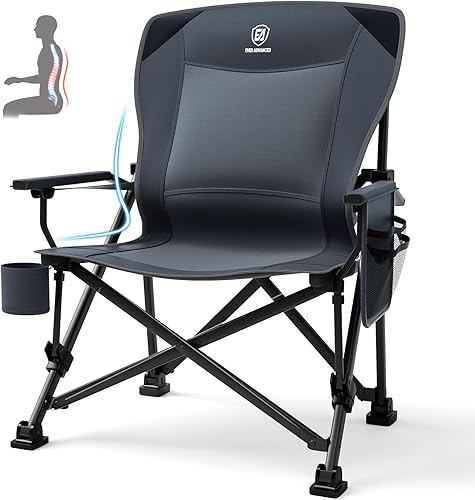 EVER ADVANCED Oversized Folding Camping Chair for Adults with Adjustable Lumbar Support, Heavy Duty Chair with Side Pockets, Portable Collapsible