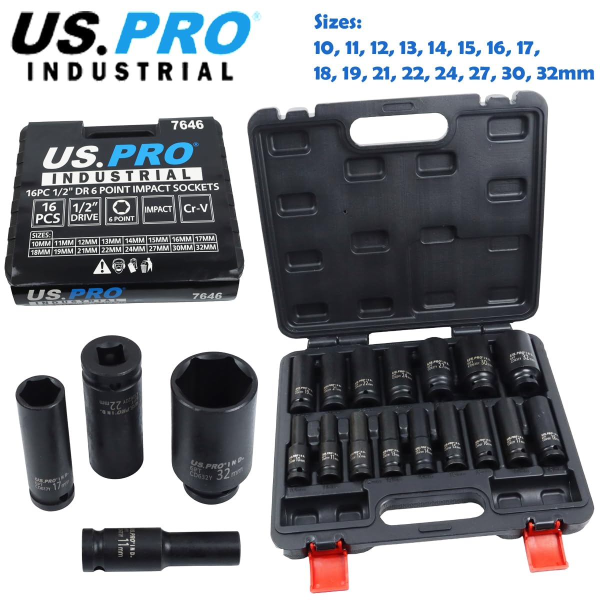 US PRO Juego de 16 llaves de vaso de impacto profundo de 6 puntos, estilo europeo, 10-32 mm