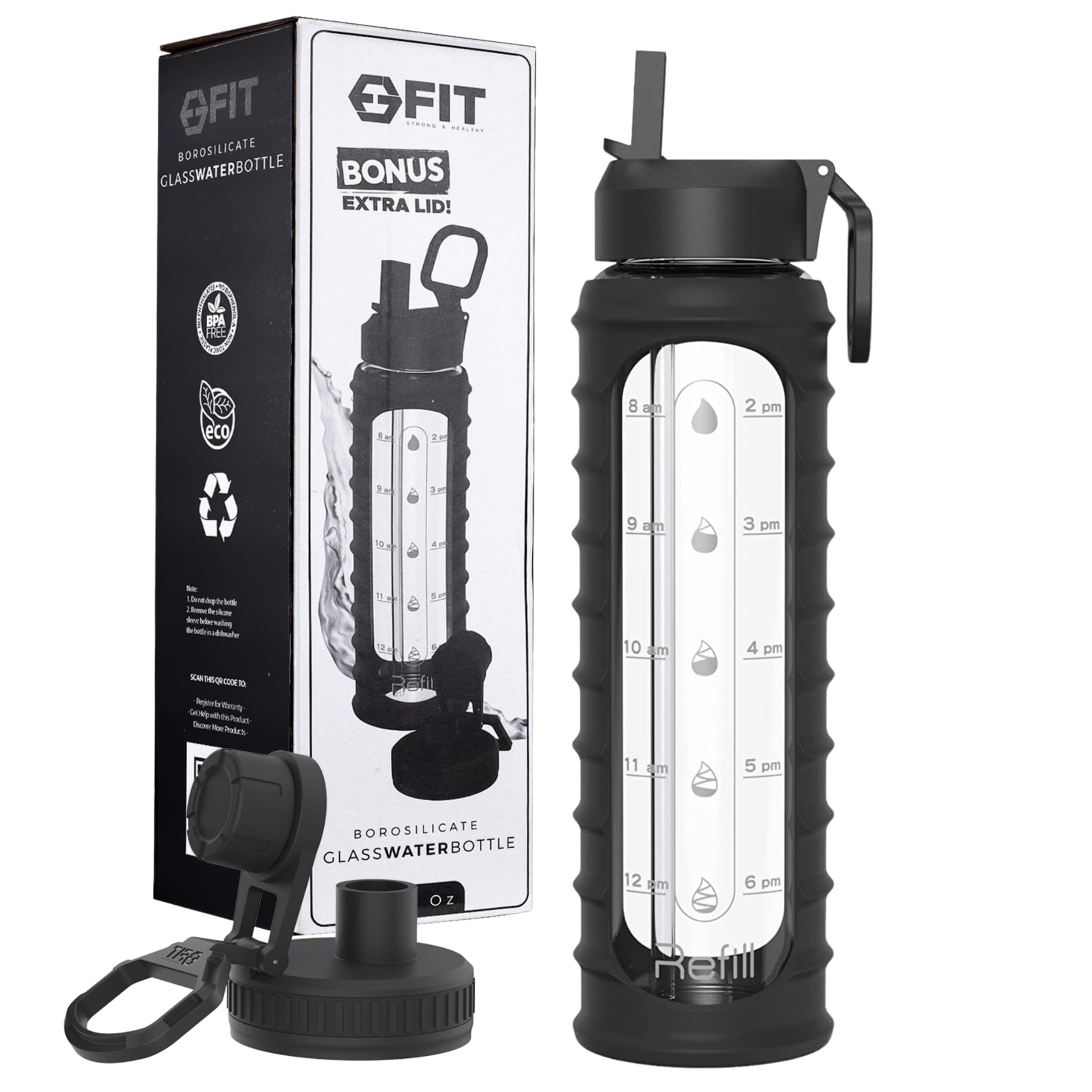 FIT Strong & Healthy Glas-Wasserflasche mit Strohhalm-Deckel, Zeitmarkierung, Hülle und extra Deckel, motivierend, breite Öffnung, BPA-frei, Trinkflasche, Wasserflasche (schwarze, gerippte Hülse)