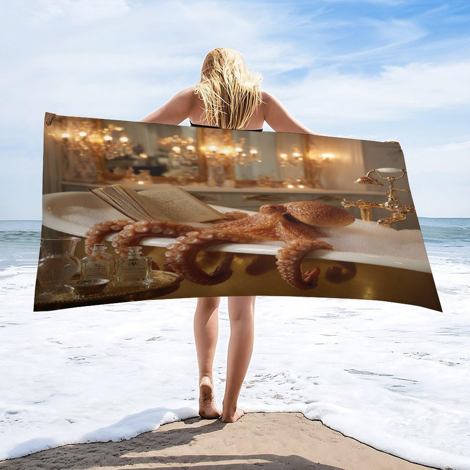 Luyysky Beautiful Realistic Elegant Octopus Absorbent Beach Towel, Funny Modern Bathroom Art Sea Animals Octopus Book Outdoor Single-Sided Velvet Beach Towel-80 W Cm X 160" L Cm