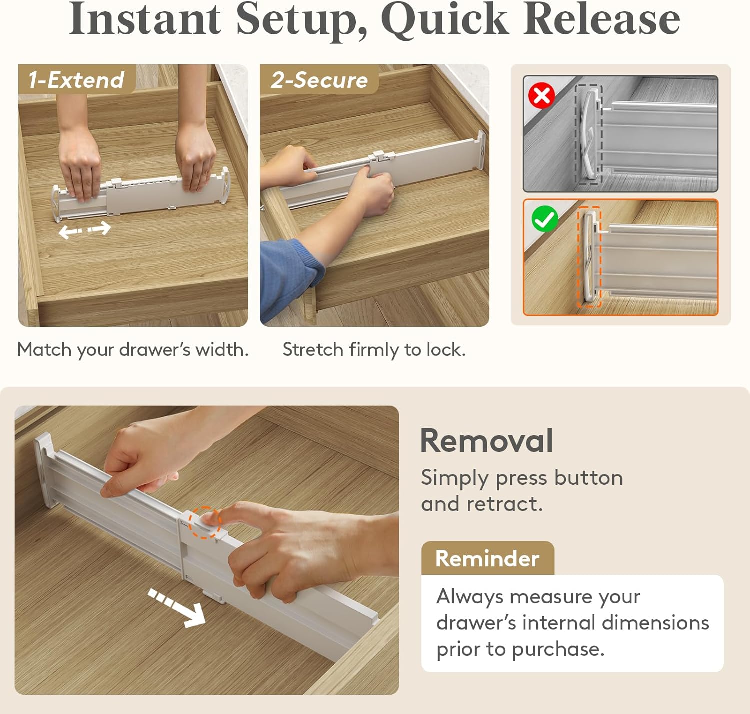 Lifewit Drawer Dividers for Clothes, 3.2" Tall 10.5"-16.5" Expandable Dresser Drawer Dividers, Adjustable Dresser Drawer Organizers, White Drawer Separators for Bedroom/Bathroom/Kitchen, 4 Pack