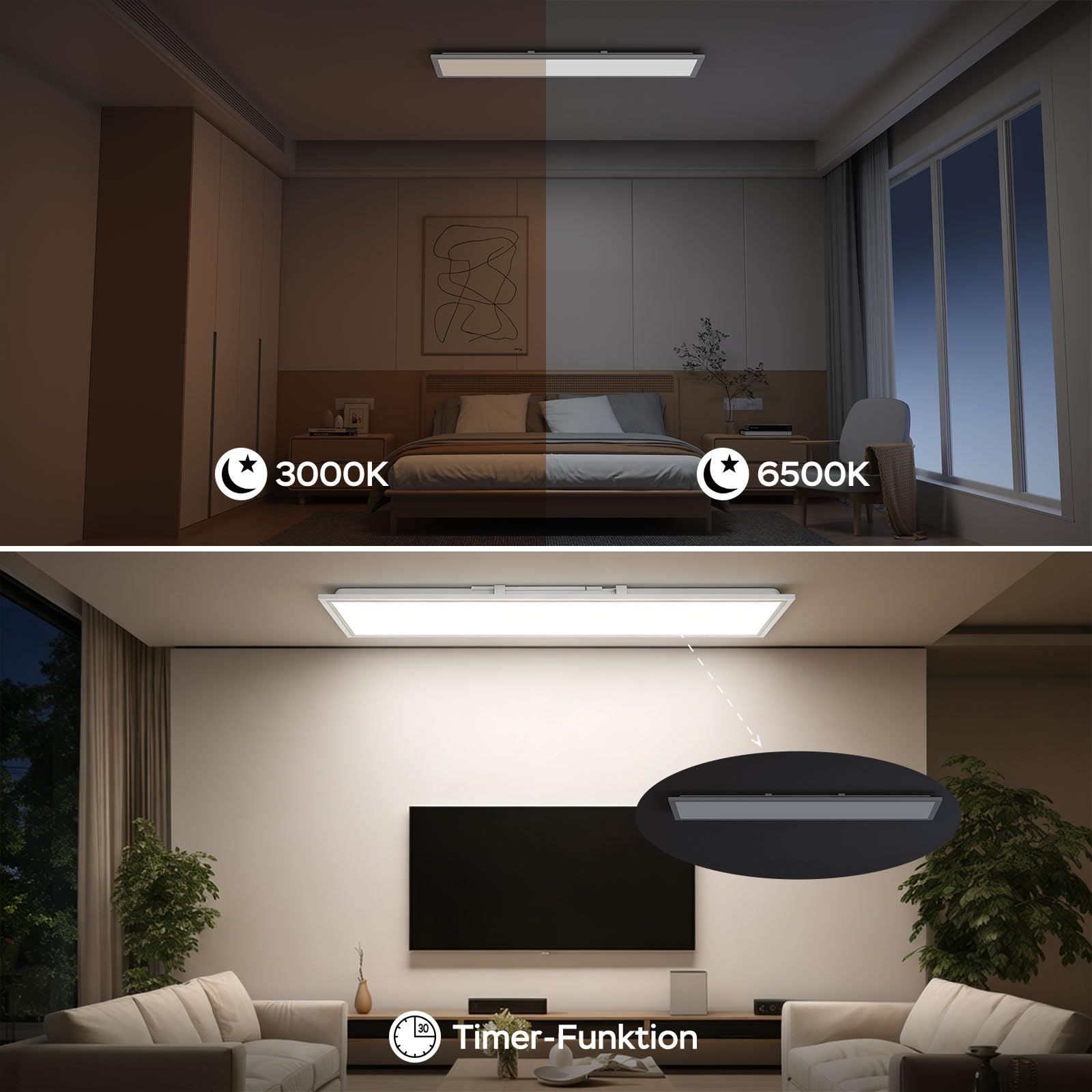 LED Panel 100x25cm, Deckenleuchte Dimmbar mit 30W 3000-6500K, LED Deckenlampe Flach mit Fernbedienung, Panelleuchte Decke Rechteckig für Büro Küche Wohnzimmer Schlafzimmer Badezimmer