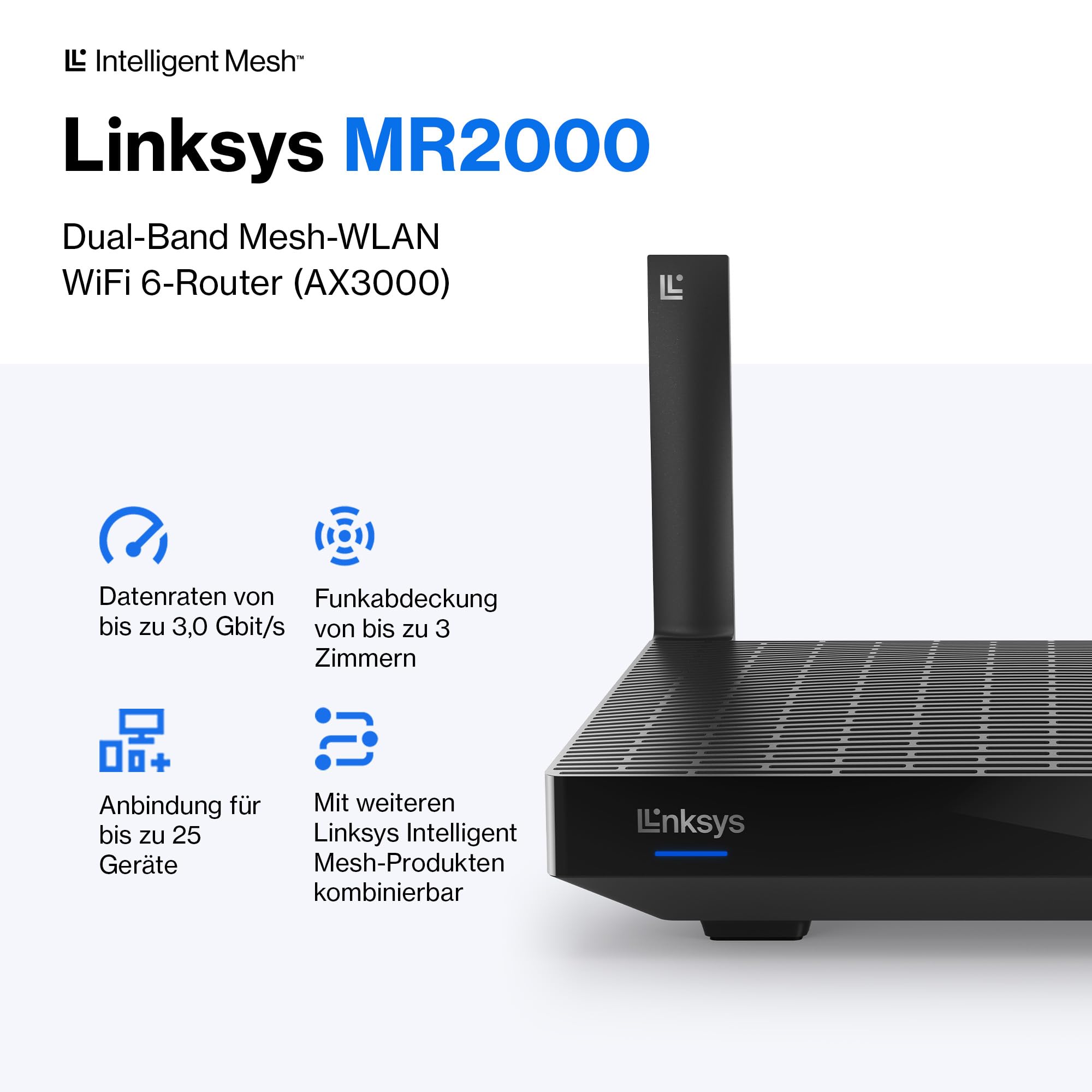 Linksys Hydra 6 Dual-Band WiFi 6-Mesh-Router (AX3000) – Gaming-Router mit bis zu 3, 0 Gbit-s, unterstützt mehr als 25 Geräte; 185 m2 Funkabdeckung funktioniert dem Mesh-WLAN-System, MR2000-KE