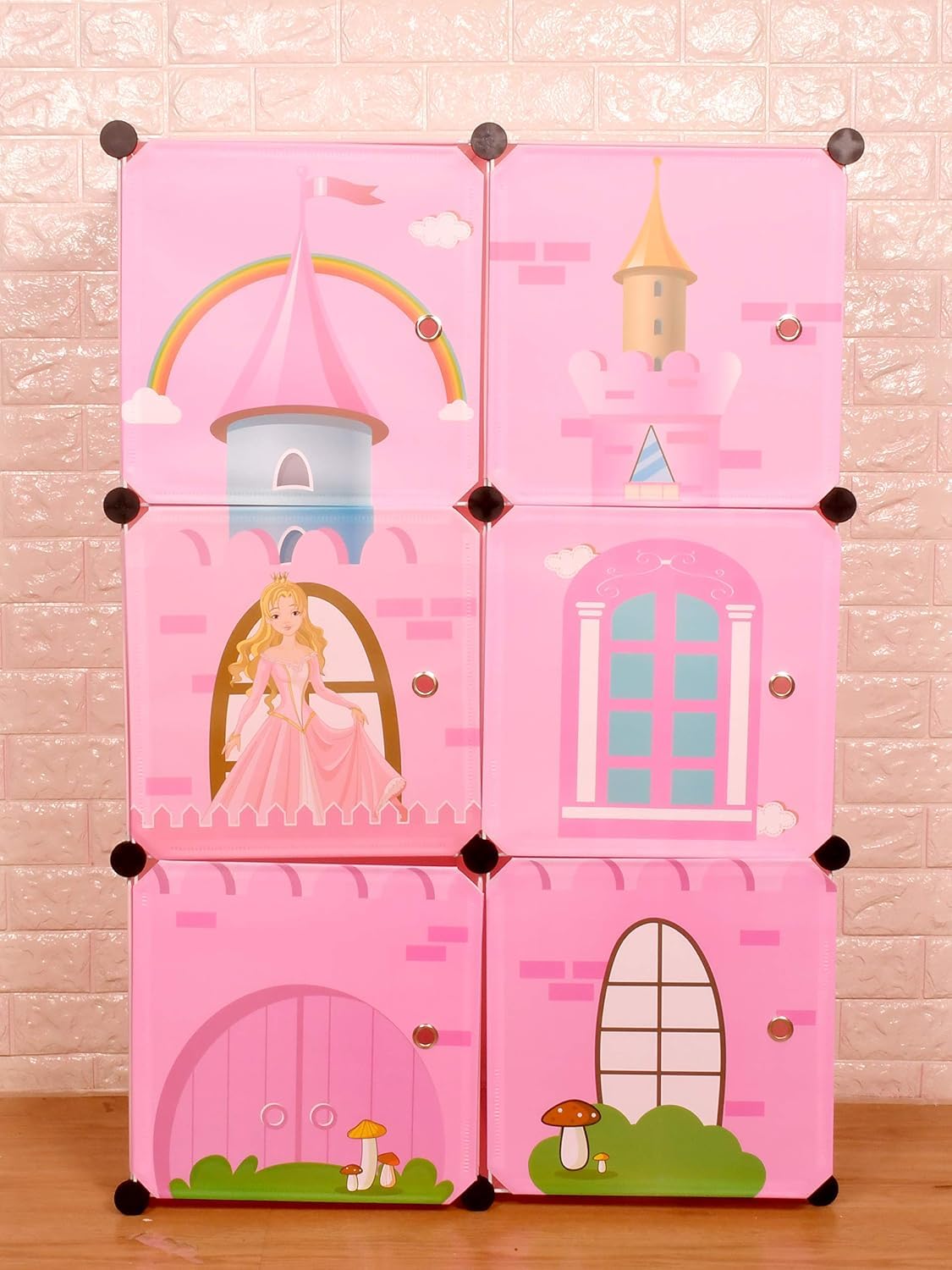 THE LITTLE LOOKERS Collapsible Kids Clothing Wardrobe | Cute Prince & Castle Print/Portable Waterproof Multipurpose Storage Rack/Adjustable Almirah for Babies/Girls/Boys (Pink Castle, 6 Cube) Plastic