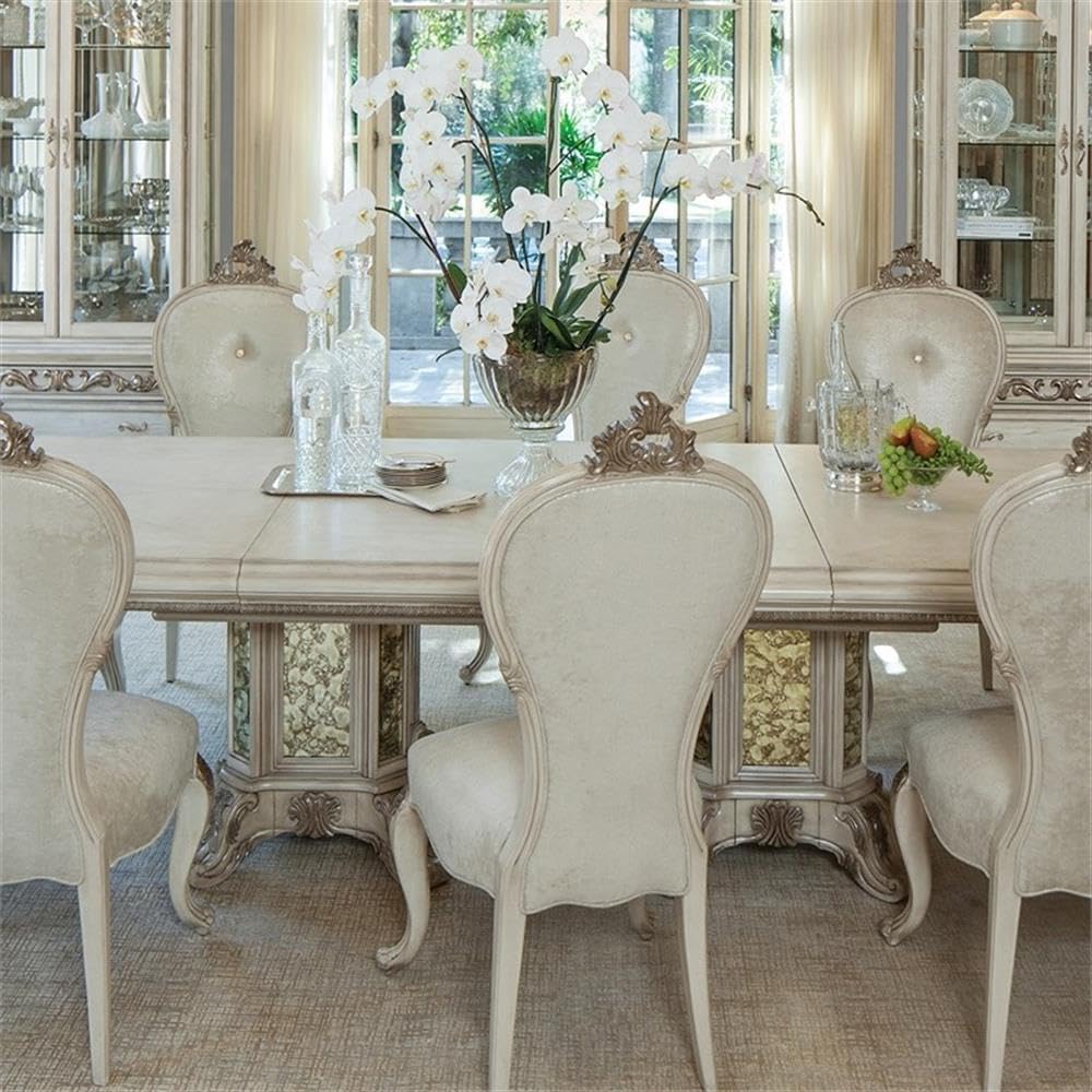 Pemberly Row Contemporary Rectangular Wood Dining Table, Ivory Finish, 30.75"H x 88"W x 48"D, Extendable Top to 136", Double Pedestal Base with Storage, Poplar and Ash Veneer, Seats 12, Dining Room