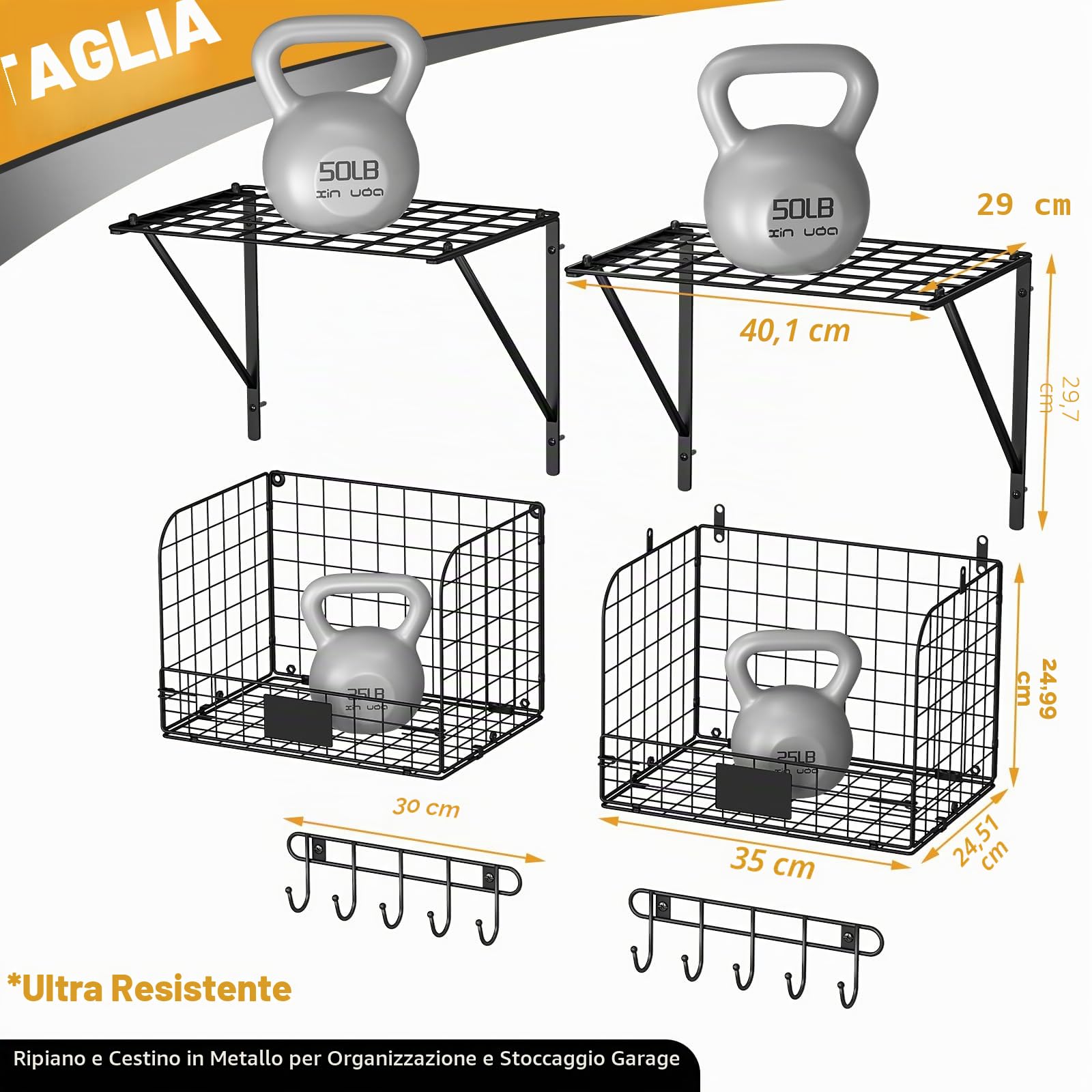 ThreeHio Confezione da 2 mensole da garage da parete con cestelli metallici, resistenti, industriali, per garage, giardino, casa, organizzazione e stoccaggio