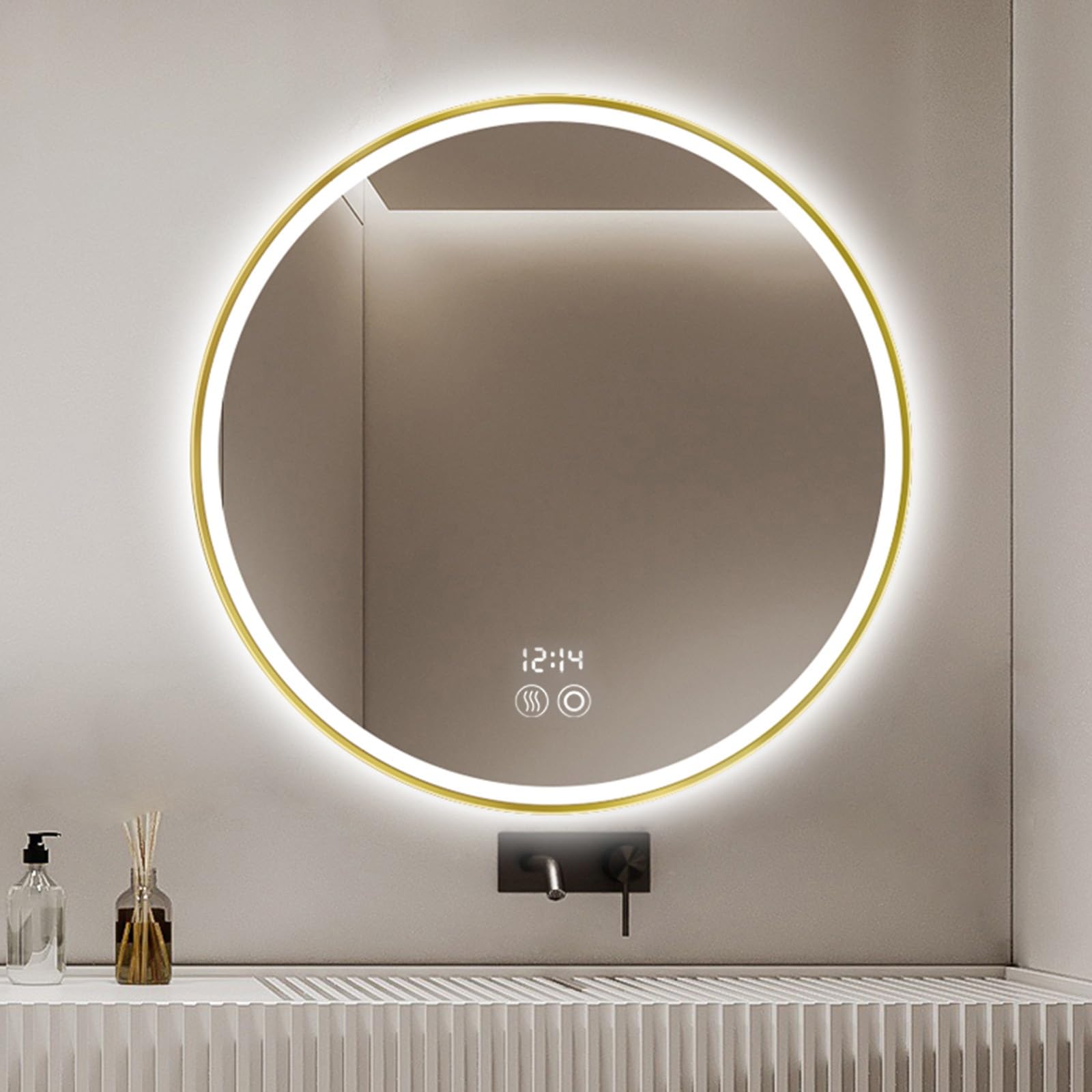 Lustro łAzienkowe LED, Lustro łAzienkowe Ze śWiatłAmi, Bezstopniowe Przyciemnianie, Przeciwmgielne, NietłUkąCe, Pamięć, 3 Kolory PodśWietlane Lustro Kosmetyczne (Size : Diameter 80cm)