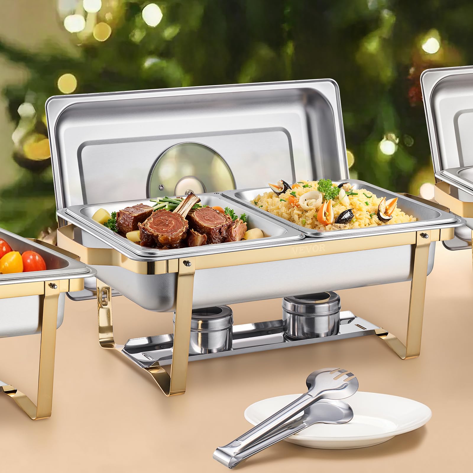 VEVOR Juego de Calentador de Alimentos Acero Inoxidable con 4 Recipientes Tamaño Medio(4 L Cada Uno), Rectangular, con Tapa Vidrio y Soporte a Bandeja de Agua y Depósito de Combustible, Dorado