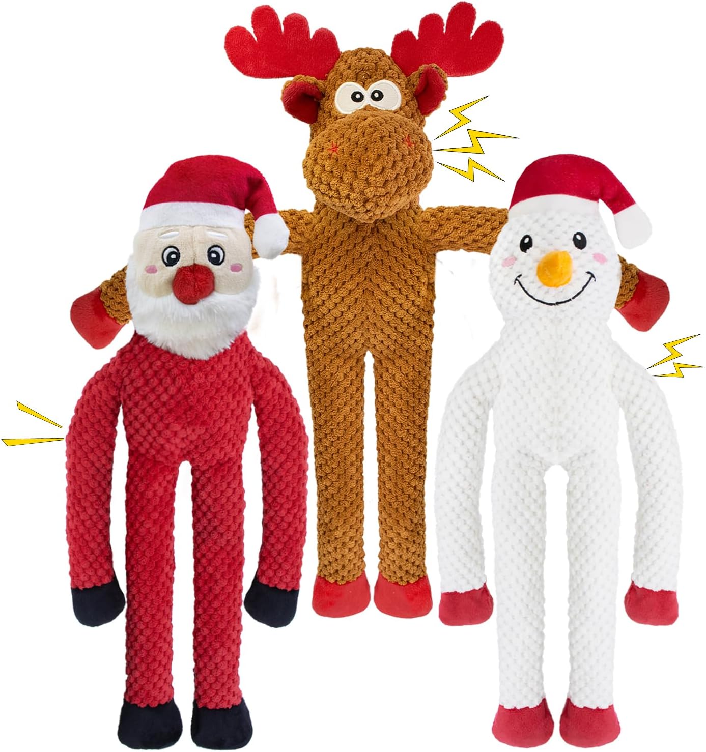 Christmas Dog Toys Squeaky 3-Pack Interactive Puppy Teething Chew Toy Deer Snowman Santa Claus Shape with Crinkle Sound Paper Tail no Stuffed,Keep Them Busy, for Large Medium Small Breeds