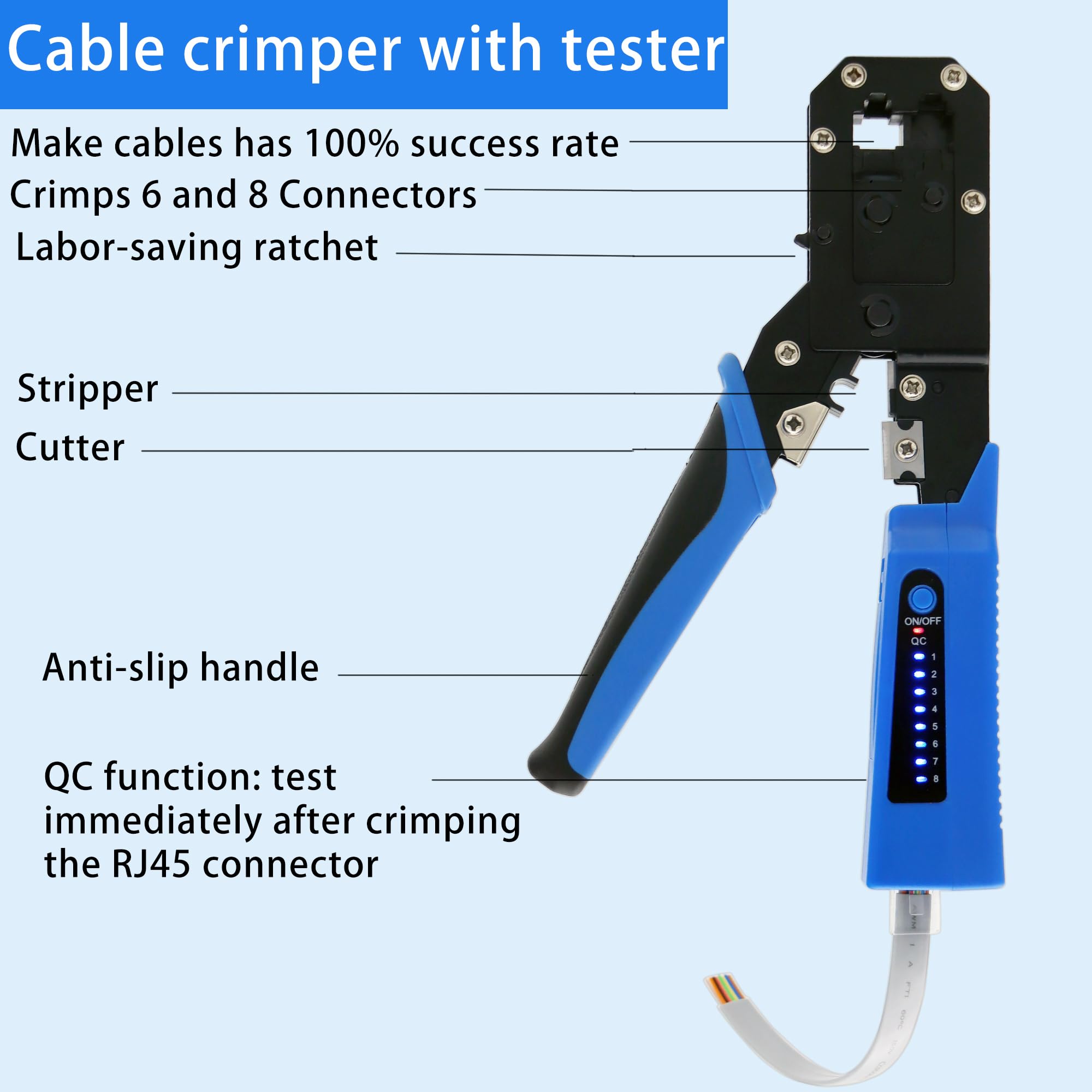 Kit de herramientas de crimpado RJ45 todo en uno, crimpadora Ethernet Cat6, Cat5, Cat5e, herramienta de crimpado con probador de cables de red, paquete de 50 conectores Cat5e RJ45, paquete de 50