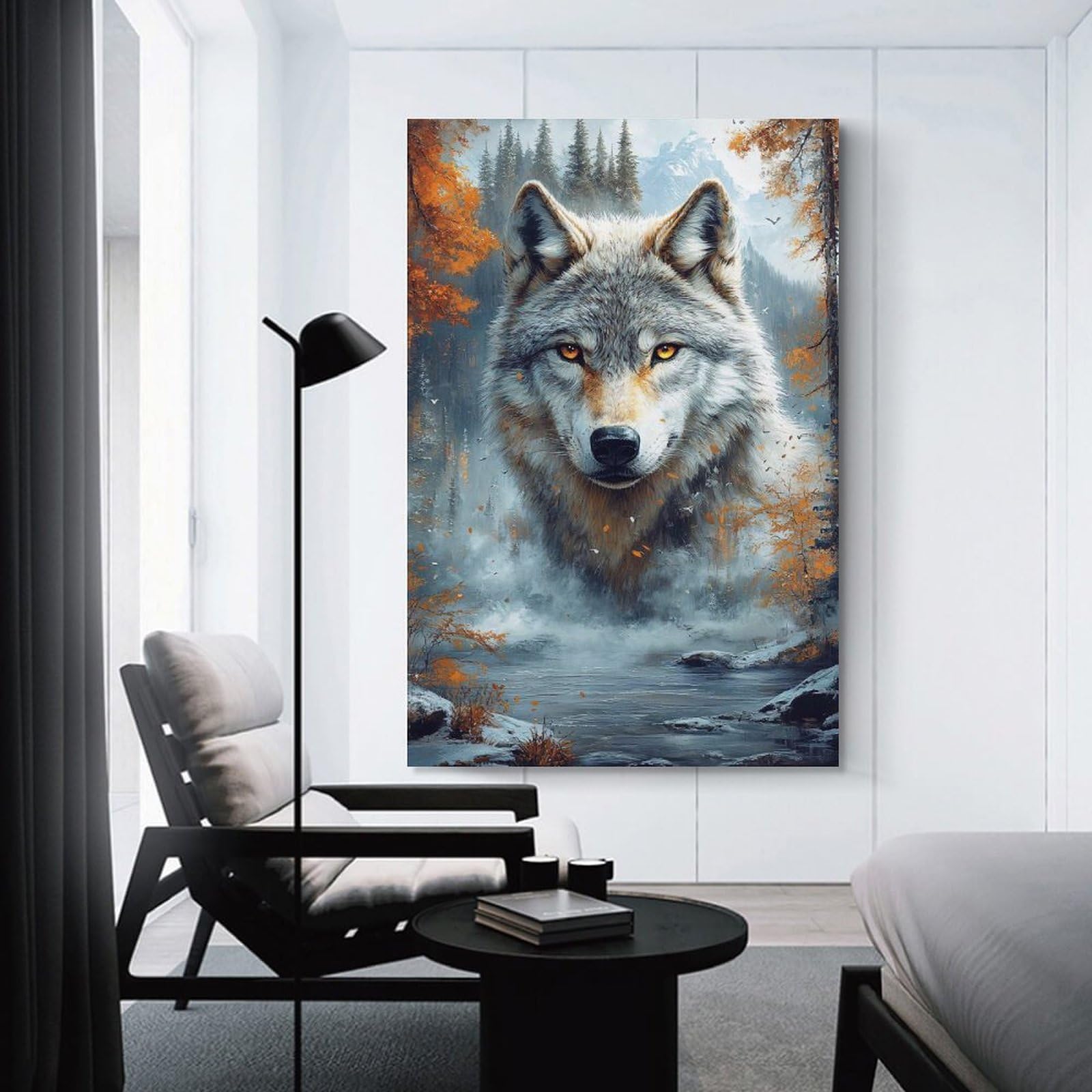 Junmoney Unframe-Style-14-1 Canvas Wall Art Wolf Portrait In Autumn Landscape, 08X12inch(20X30cm), For Gallery Wall Decor And Room Displays, Decorative Artwork With Flexible Styling