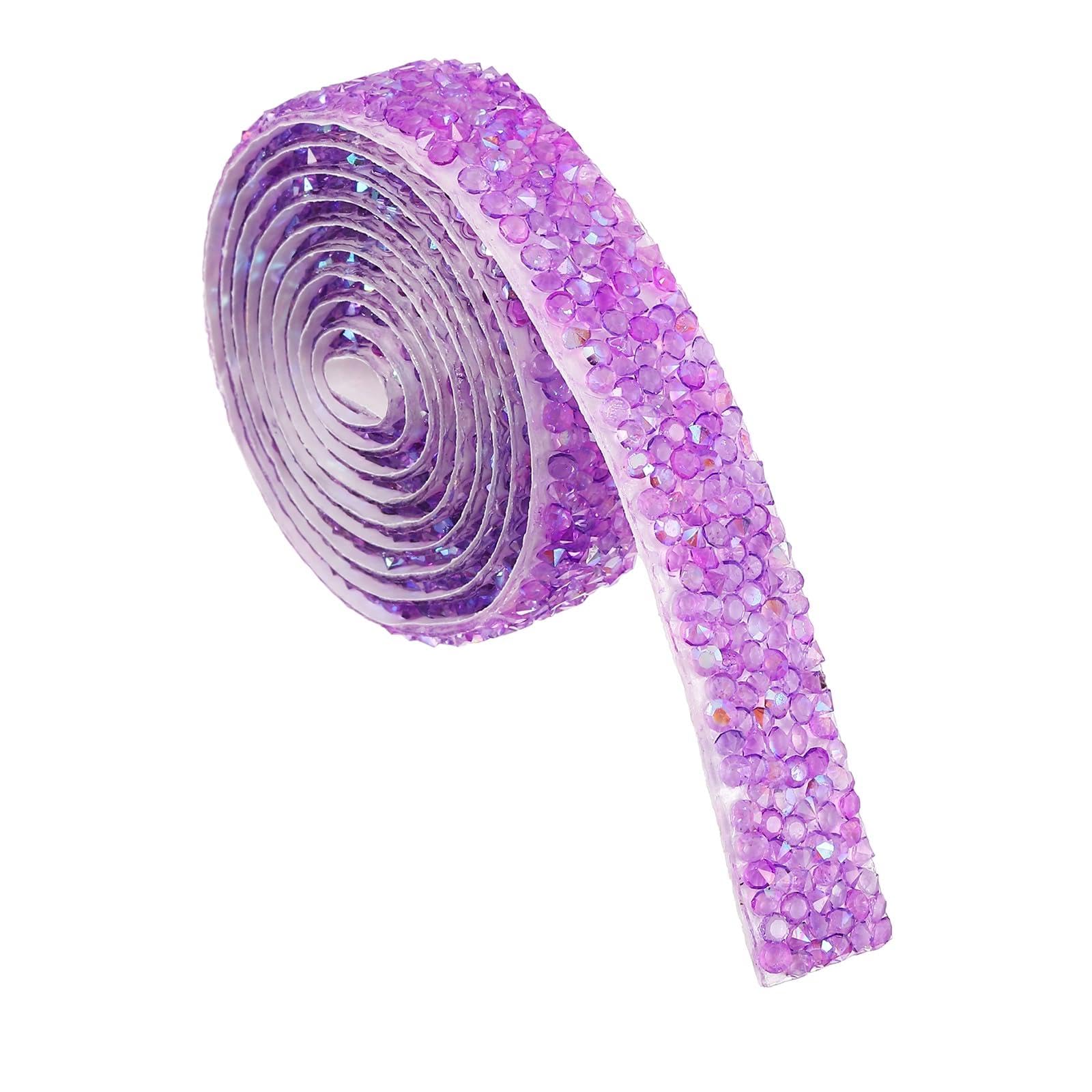 sourcing map 1.5 cm x 1 Yard Rhinestone Ribbon, Self-Adhesive Crystal Rhinestone Strips Diamond Tape Curtain Edge Decorative Trim for DIY Crafts Clothes Wedding Party, Iridescent Gel Purple