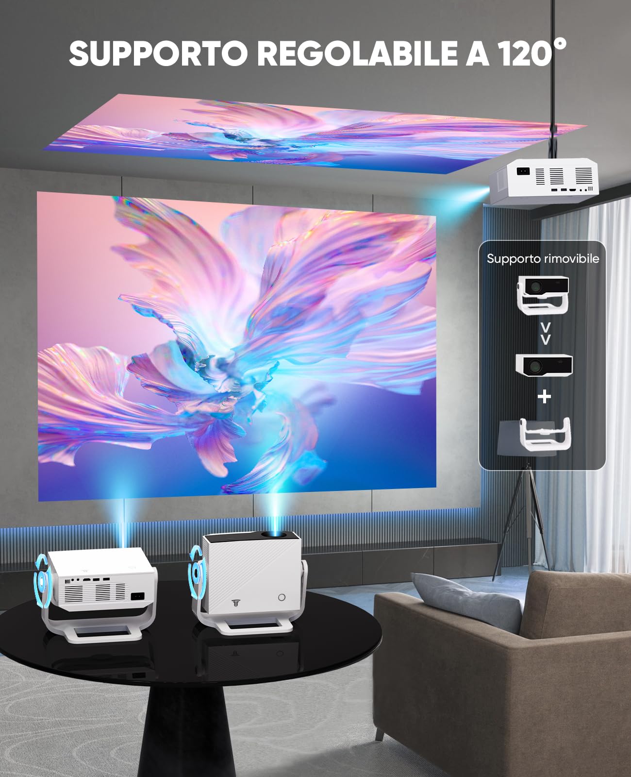 Proiettore intelligente Wielio Android 11, Supporto FHD 1080P 4K, WiFi6 & BT5.2, Basso Rumore del Vento (< 29,8 dB), Supporto Regolabile a 120°, Elettrico Focus, Trapezio Automatico per Switch/PS5