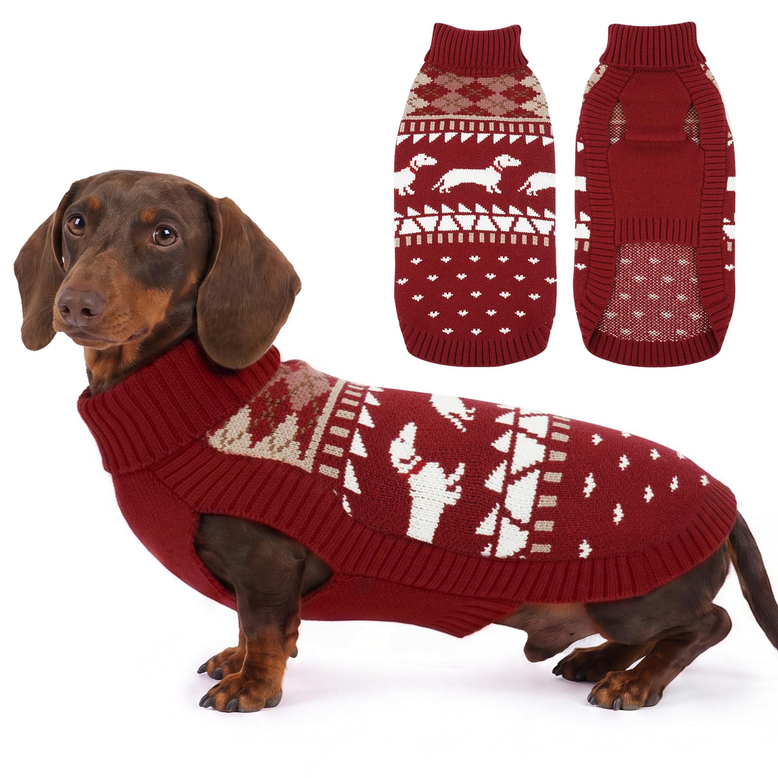 Hjyokuso Dachshund Jumper XS, Cute Dog Sweater with Dachshunds Pattern, Soft Fleece Dog Coat, Turtleneck Pullover for Small Dogs, Cosy Autumn Winter Gift Wine-Red
