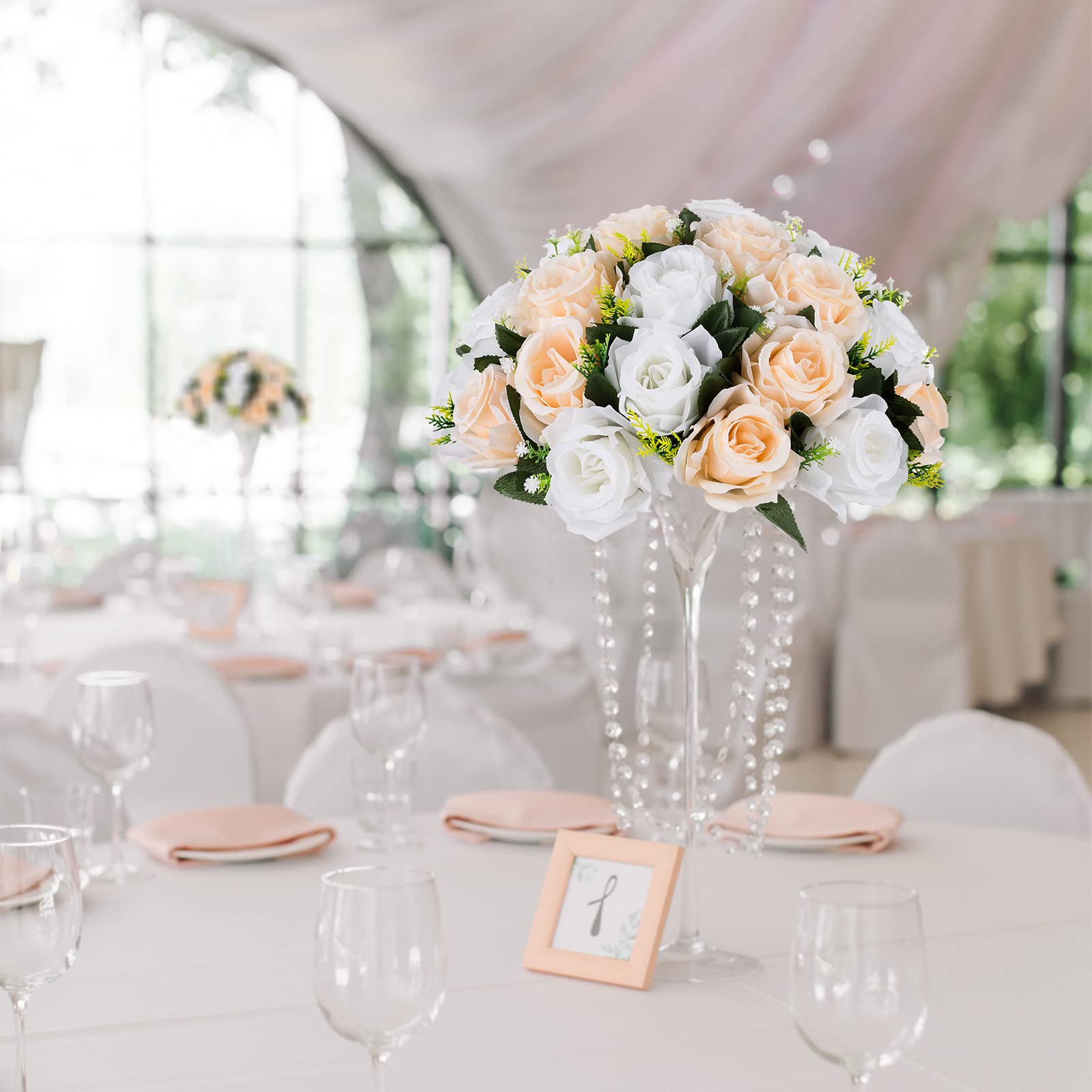 BLOSMON Fake Flower Ball Table Centerpieces 2 Pcs Artificial Flowers 13.7" Large Champagne&White Rose Kissing Ball Arrangement Center Piece for Tables Faux Silk Floral Bouquet for Wedding Party Home