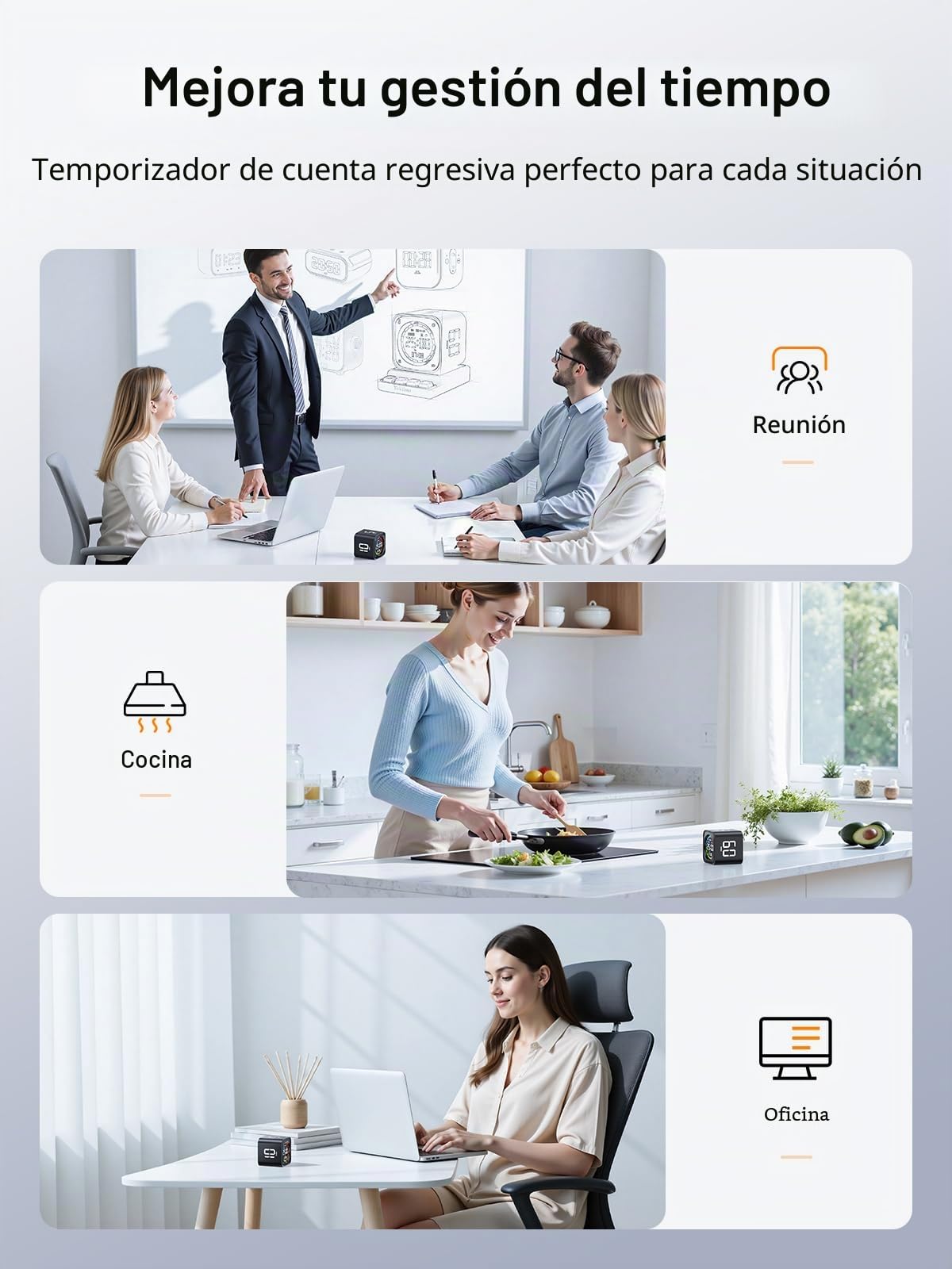 Ticktime TK3 Temporizador Pomodoro, Presets 5/10/30/60 Min, Cuenta Regresiva, Cronómetro y Reloj LED, 3 Alarma, Vibración/Silencio/Sonido, Recargable, para TDAH Oficina Estudios Tareas, Negro