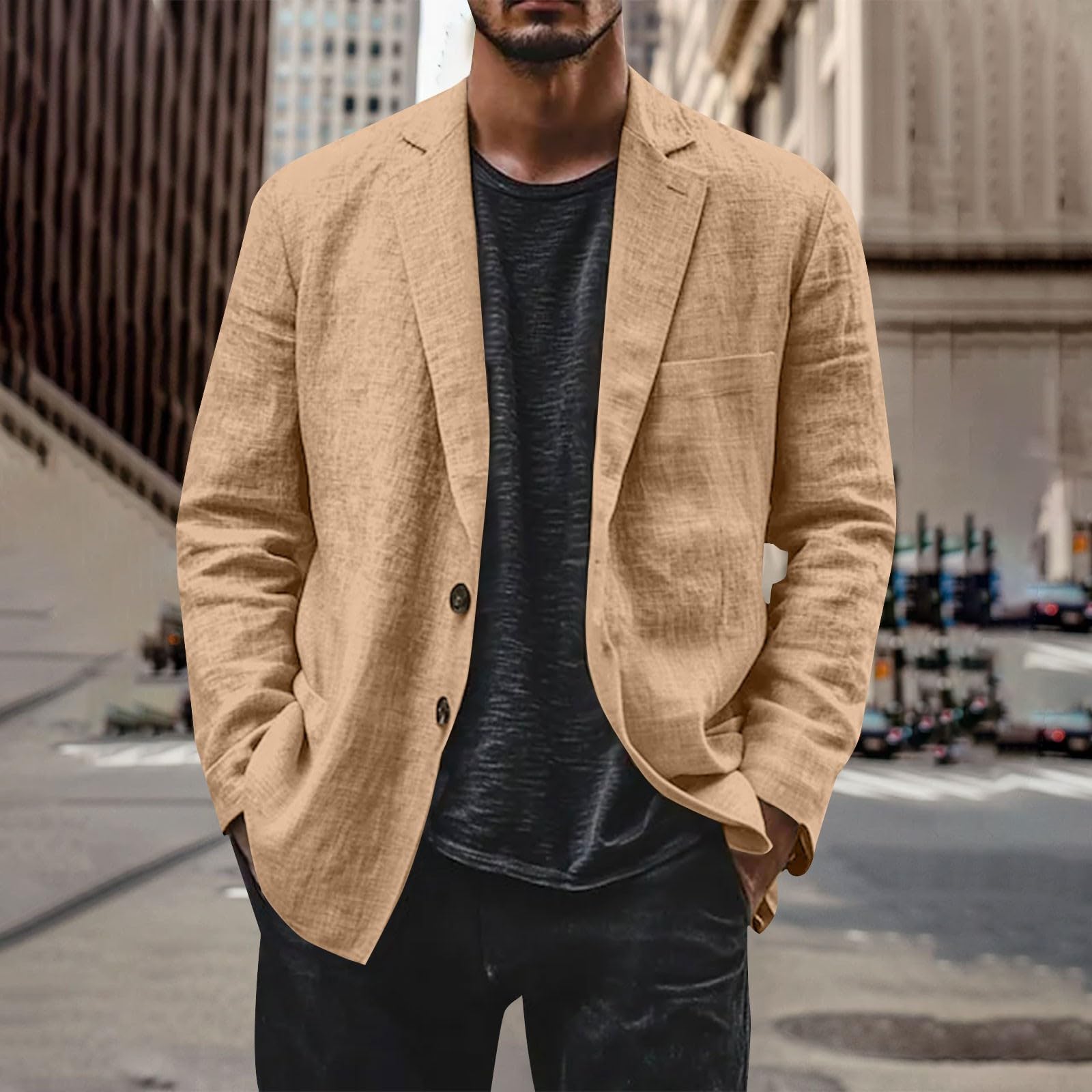 Blazer en lin pour homme - Veste de costume de loisirs légère à deux boutons - Coupe ample - Blazer de bureau - Couleur unie - Polyvalente - Veste de costume à revers cranté - Vestes avec poche