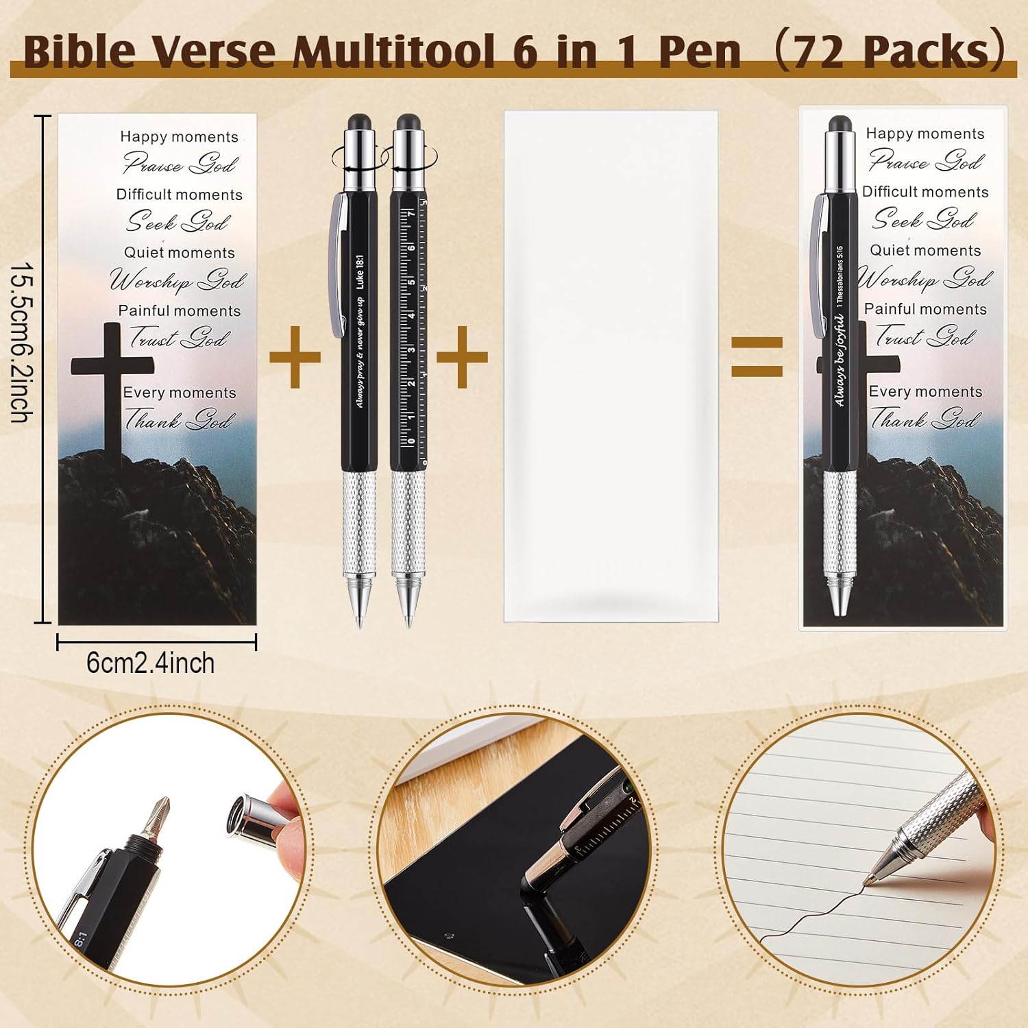 Sayglossy 72 Set Father Day Gifts Bulk for Men 6 in 1 Multi Tool Pen Gift Church Multitool Pen with Bible Verse Bookmarks Screwdriver Motivational for Father's Day Christian Men of God Gifts (Black)