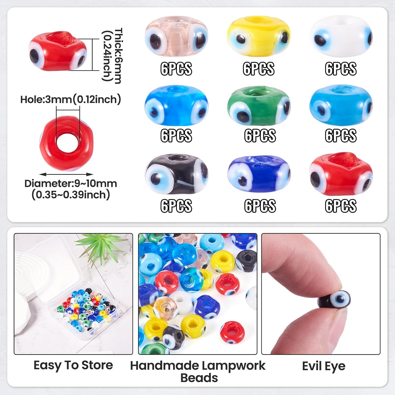 Cheriswelry 54Pcs Evil Eye Lampwork Glass Beads Flat Round Evil Eye Craft Beads Spacers 9 Colors 9-10mm for DIY Bracelets Earrings Necklace Jewelry Making - Image 3