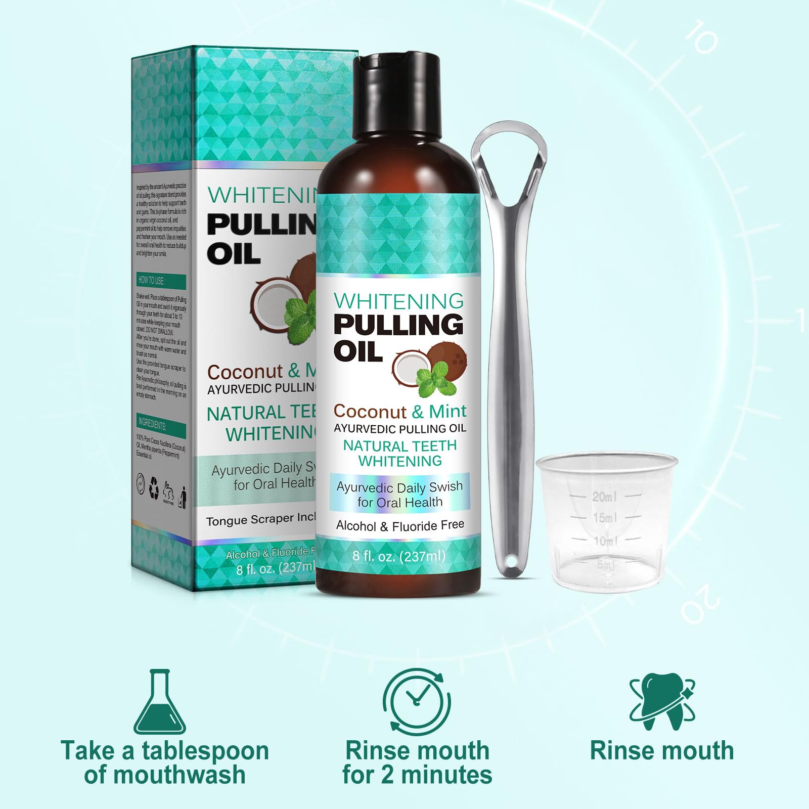 Huile de noix de coco (8 Fl.Oz), rince-bouche à l'huile de menthe avec grattoir à langue - naturelle et sans alcool pour les dents pour aider à une haleine fraîche, au blanchiment des dents