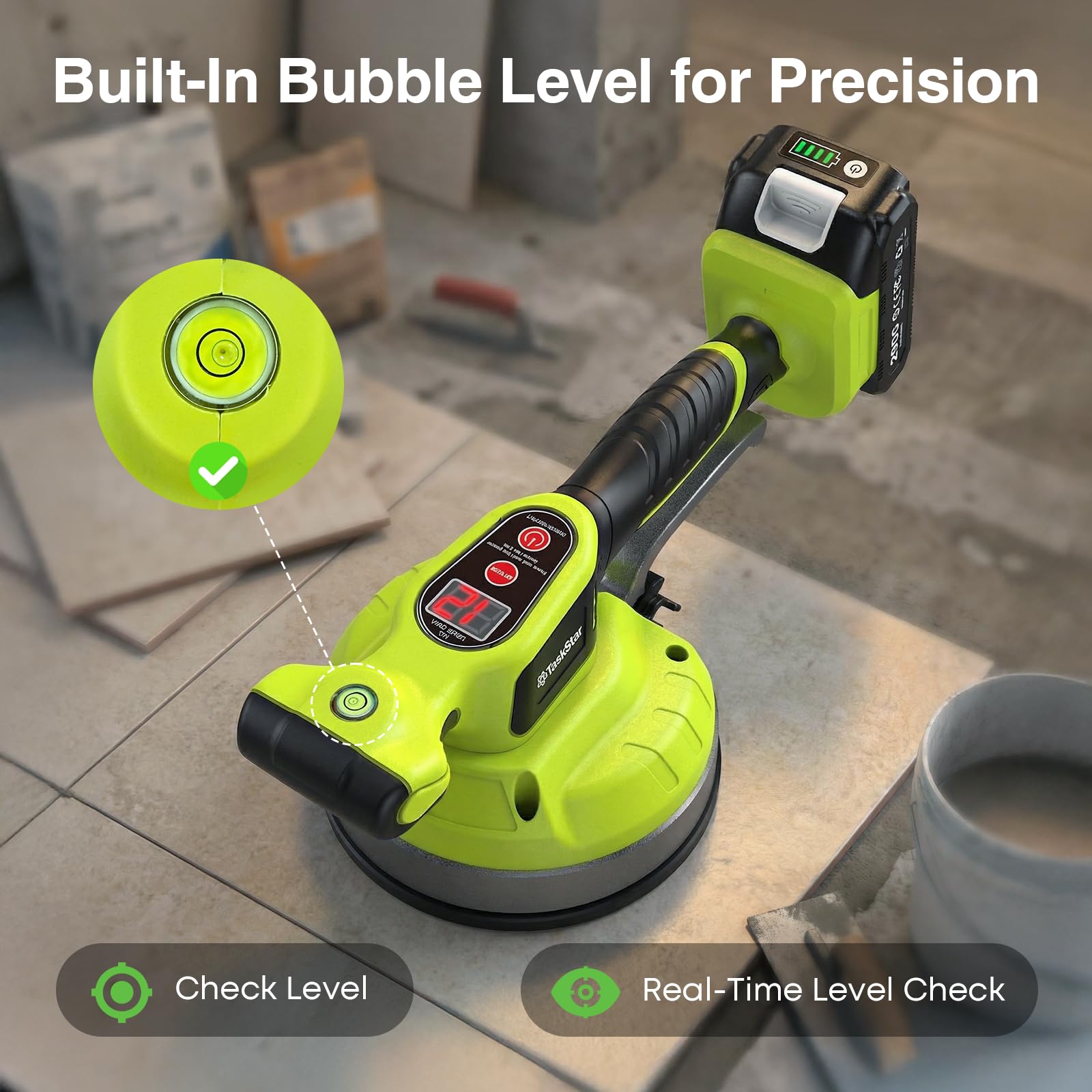 Taskstar Vibratore per piastrelle, compatibile con batteria Makita 18V, ventosa 160 mm (113 kg), 26.000 giri/min, 12 velocità, per piastrelle grandi fino a 122 cm, attrezzo installazione professionale