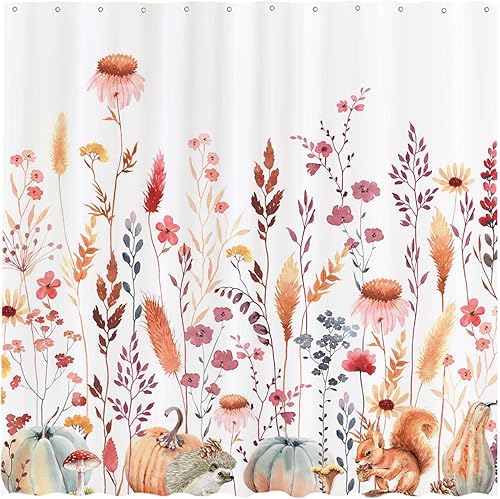 Funnytree Cortina de ducha de 72 x 72 pulgadas con diseño de flores de otoño rústicas, hojas bohemias, acuarela floral, para decoración de baño,